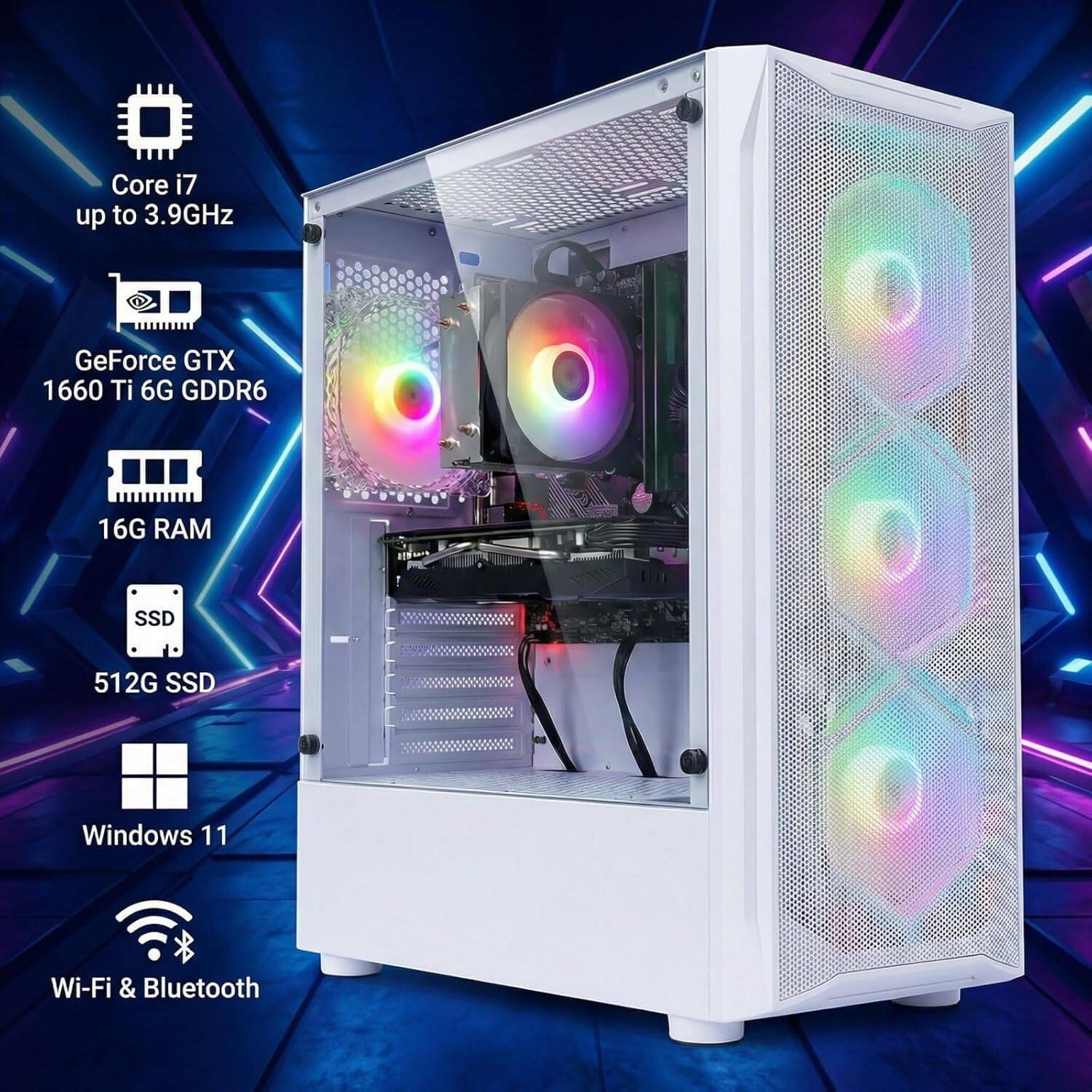 Core i7 up to 3.9GHz  
GeForce GTX 1660 Ti 6G GDDR6  
16G RAM  
SSD 512G  
Windows 11  
Wi-Fi & Bluetooth