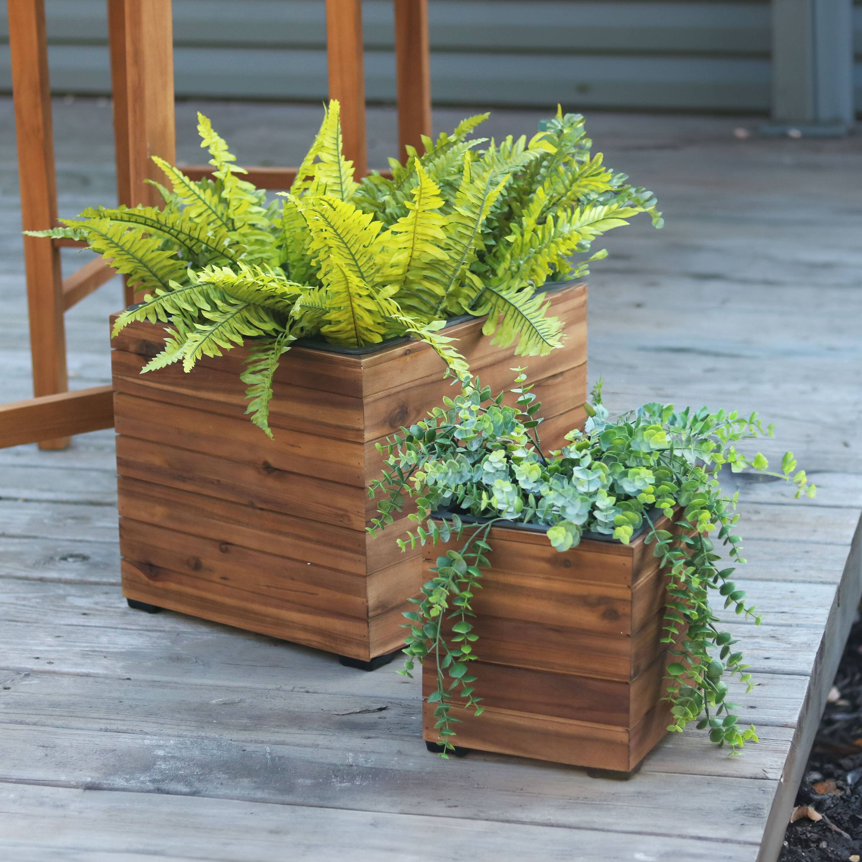 Alt View 1. Sunnydaze - 2-Piece Square Wood Planter Box with Liner - Light Brown Stain.