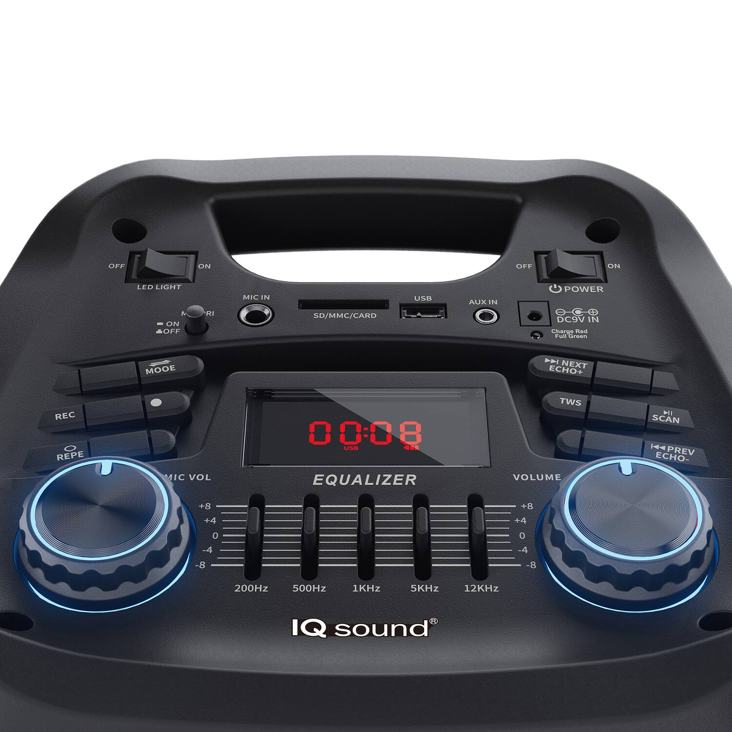 OFF ON LED LIGHT  
MIC IN  
SD/MMC/CARD  
USB  
AUX IN  
POWER & ON  
Charge Red  
Full Green  

NEXT  
ECHO+  
TWS  
SCAN  
H4 PREV  
ECHO-  

REC  
REPE  
MIC VOL  
EQUALIZER  
VOLUME  

00:08  

200Hz  
500Hz  
1KHz  
5KHz  
12KHz  

IQ sound