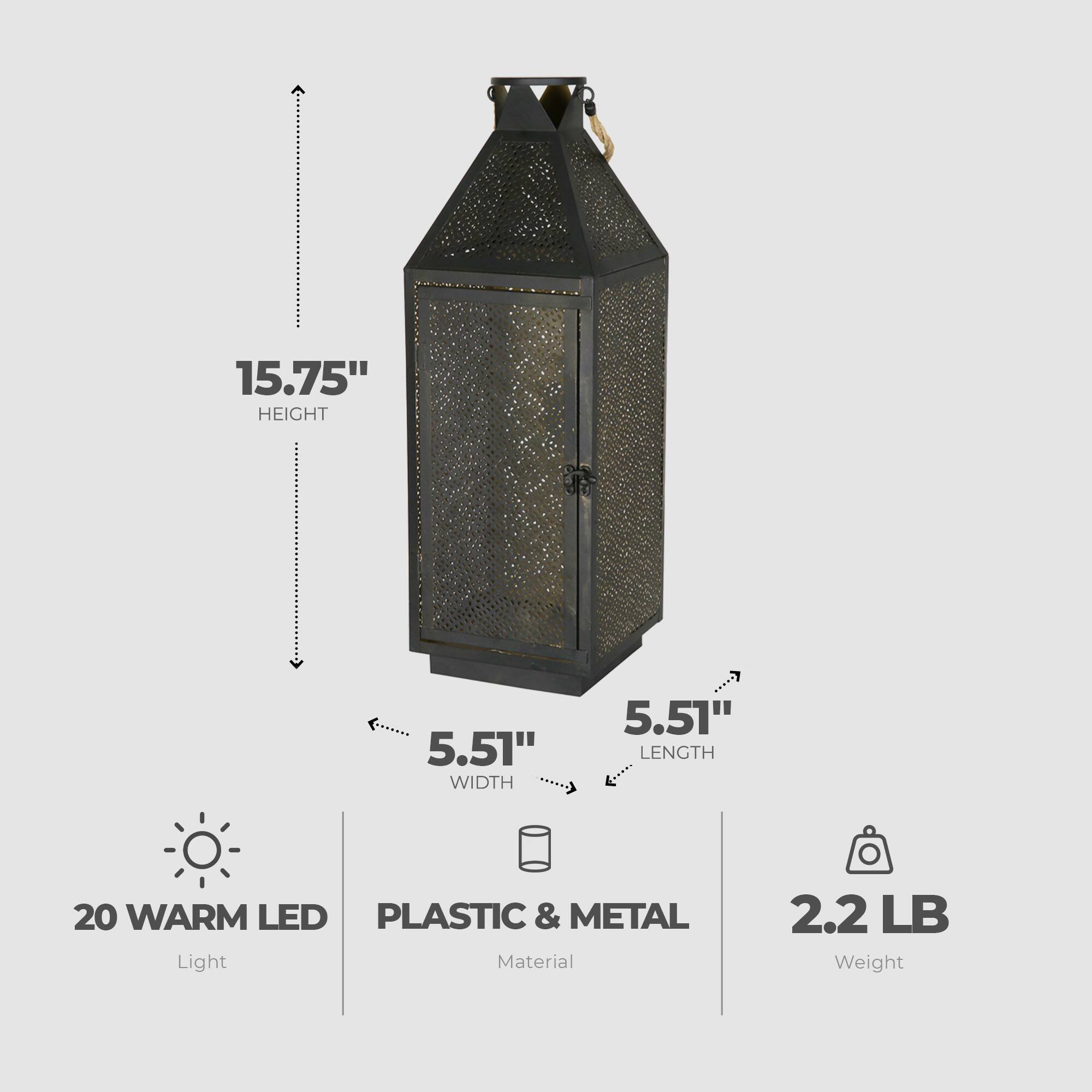 15.75" HEIGHT  
5.51" WIDTH  
5.51" LENGTH  
20 WARM LED  
PLASTIC & METAL  
2.2 LB Weight