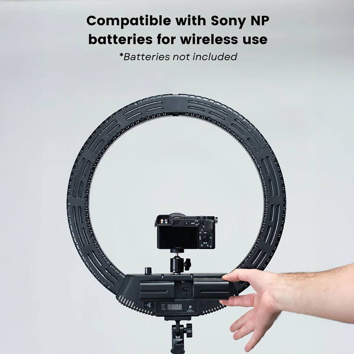 Compatible with Sony NP batteries for wireless use  
*Batteries not included