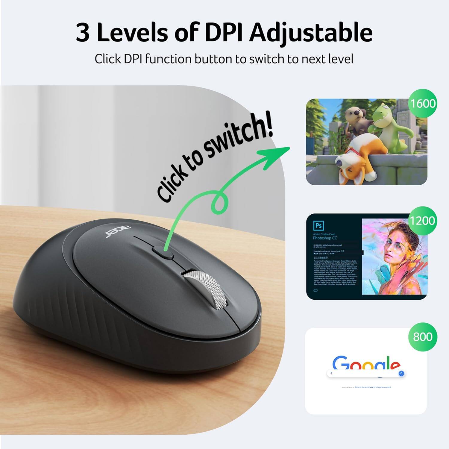 3 Levels of DPI Adjustable  
Click DPI function button to switch to next level  

Click to switch!  

1600  
1200  
800  

Photoshop CC  
Google