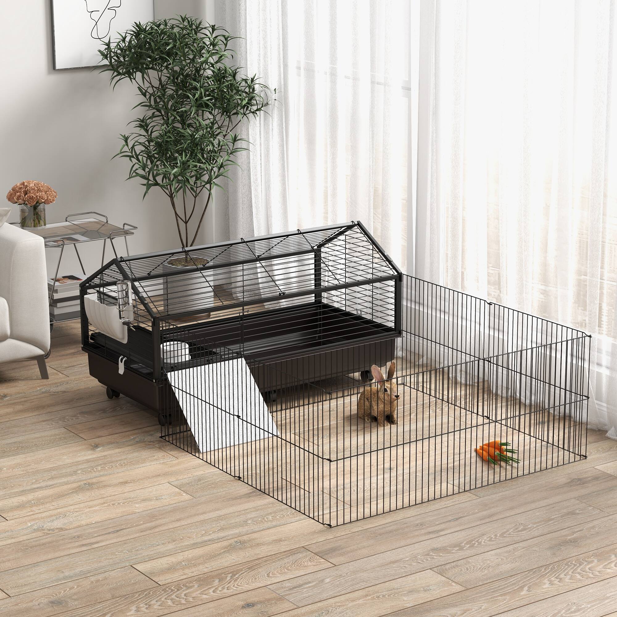 Angle. Pawhut - Small Animal Cage with Foldable Run Area, Guinea Pig Cage, Hedgehog Cage with Water Bottle, Water Bowl, Ramps.