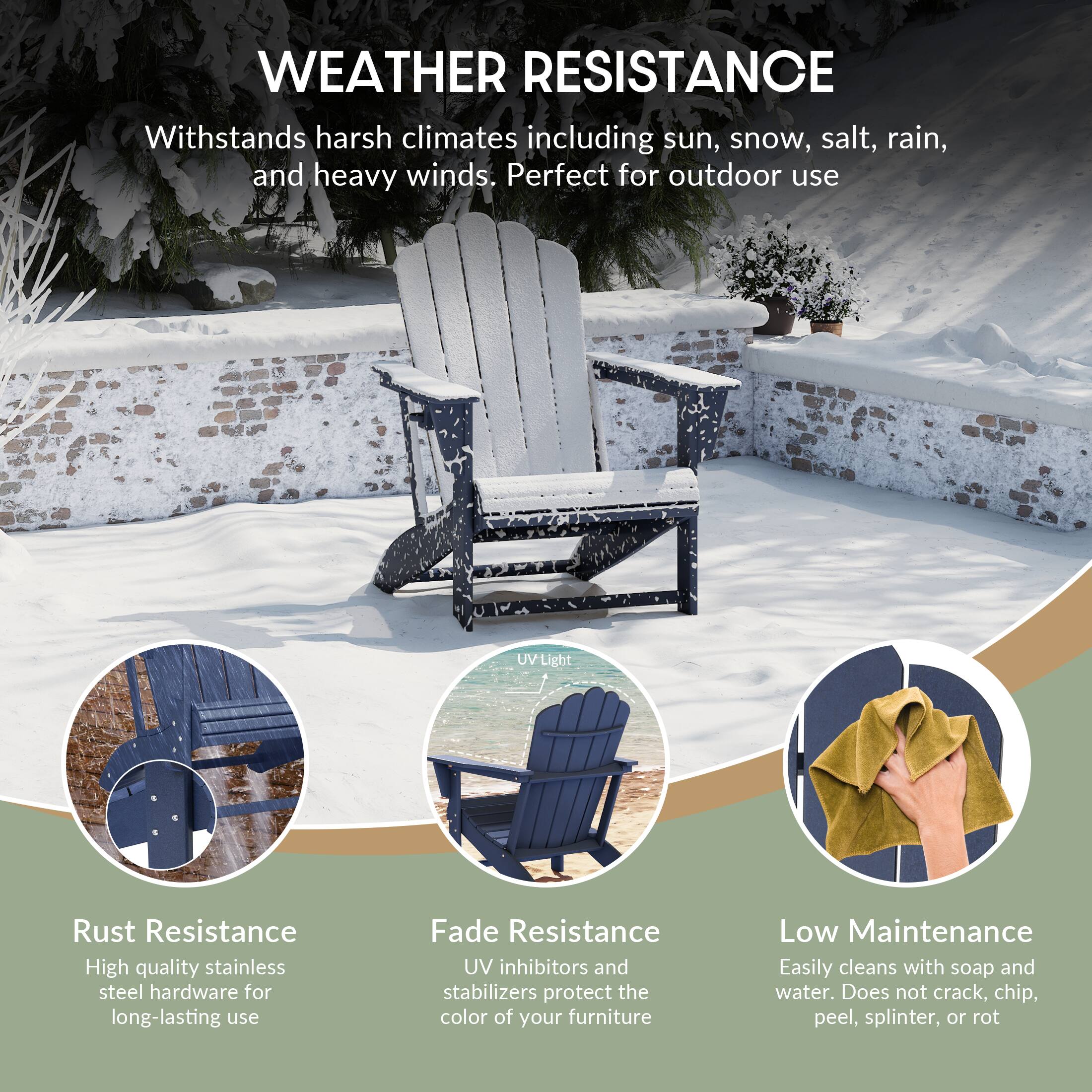 WEATHER RESISTANCE

Withstands harsh climates including sun, snow, salt, rain, and heavy winds. Perfect for outdoor use

UV Light

Rust Resistance
High quality stainless steel hardware for long-lasting use

Fade Resistance
UV inhibitors and stabilizers protect the color of your furniture

Low Maintenance
Easily cleans with soap and water. Does not crack, chip, peel, splinter, or rot