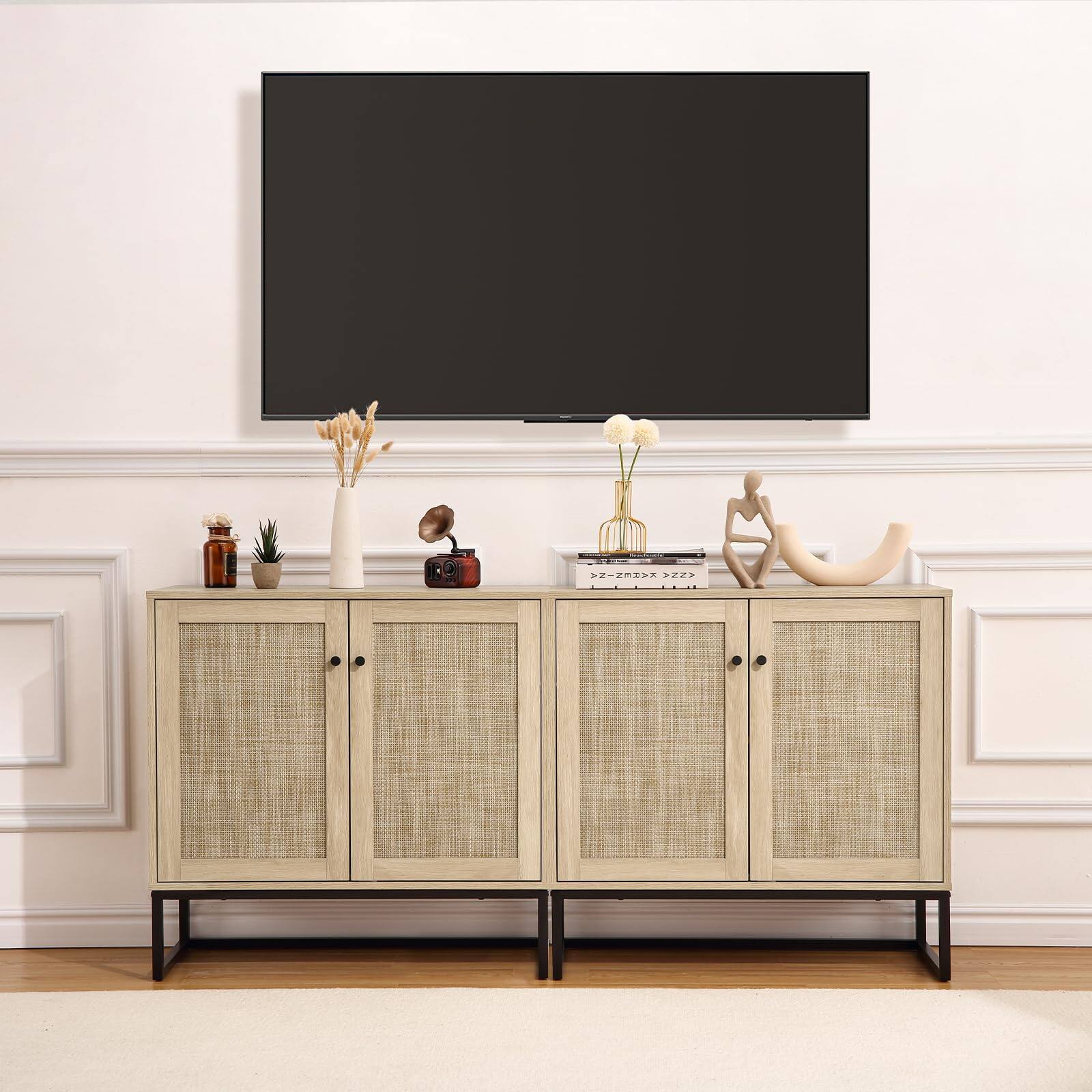 Left. Qeetex - Bohemian Rattan Sideboard Buffet Cabinet with 2 Doors & Adjustable Shelves for Storage - Natural.