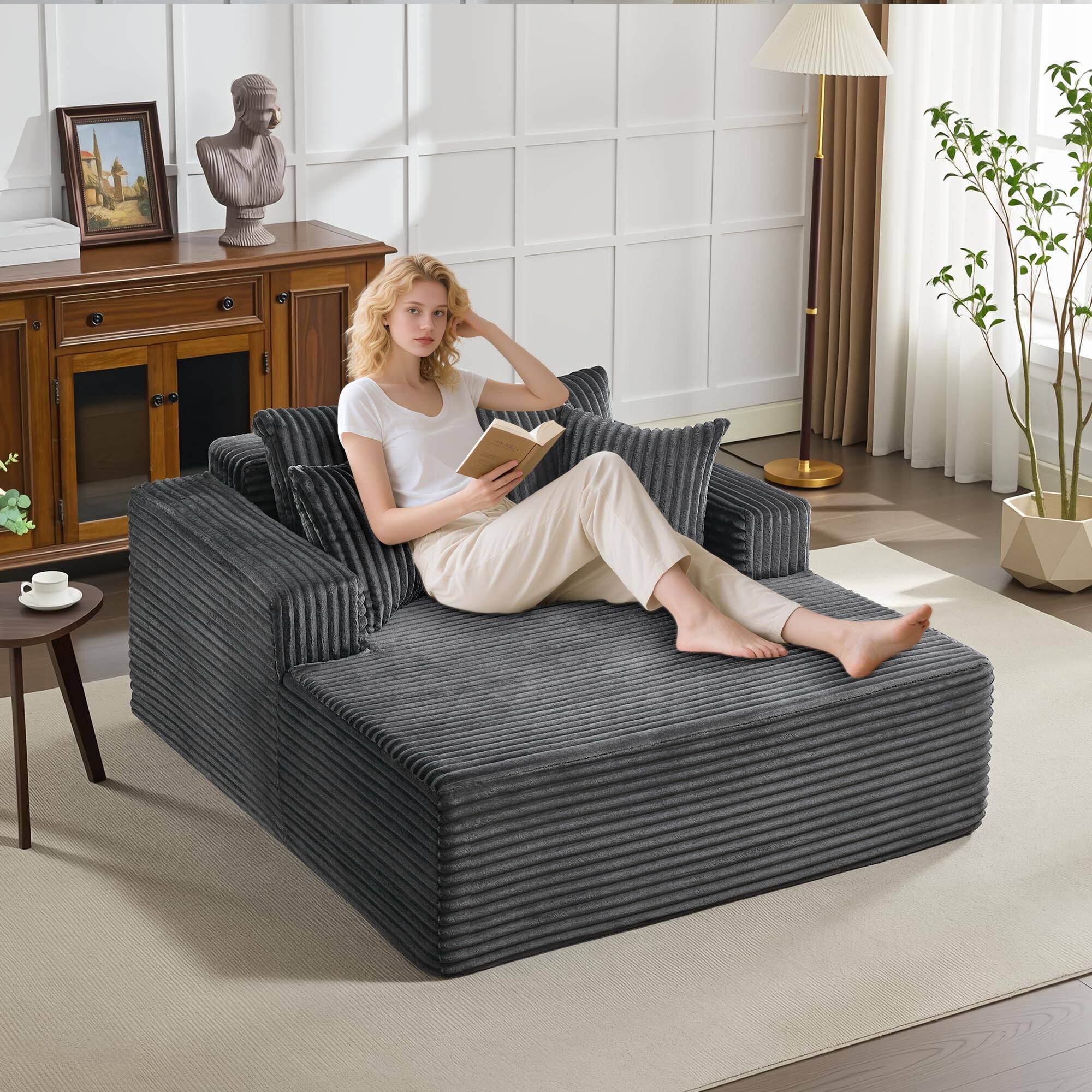 Left. Jojoka - 61" Oversized Chaise Lounge Chair with Cloud-Like Corduroy, Throw Pillows, No Assembly Required - Gray.