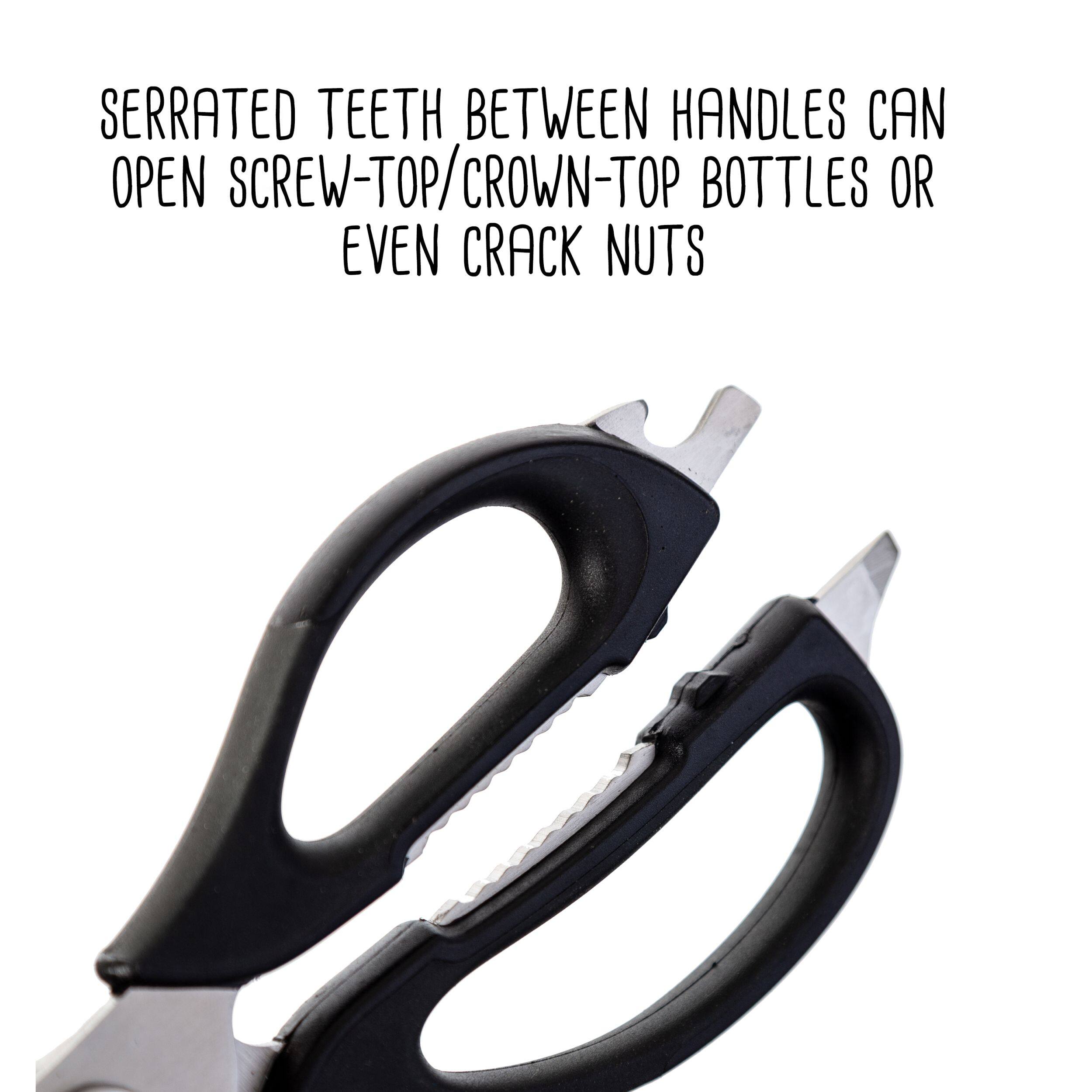 SERRATED TEETH BETWEEN HANDLES CAN OPEN SCREW-TOP/CROWN-TOP BOTTLES OR EVEN CRACK NUTS