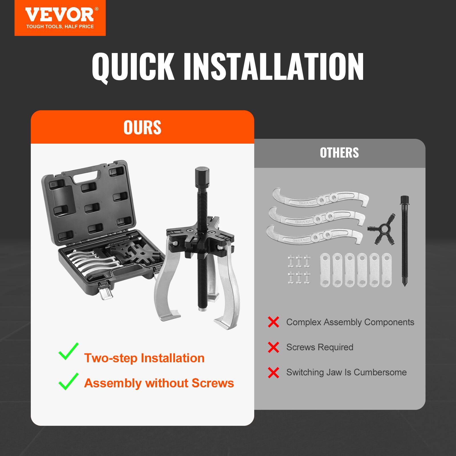 VEVOR TOUGH TOOLS, HALF PRICE

QUICK INSTALLATION

OURS
- Two-step Installation
- Assembly without Screws

OTHERS
- Complex Assembly Components
- Screws Required
- Switching Jaw Is Cumbersome