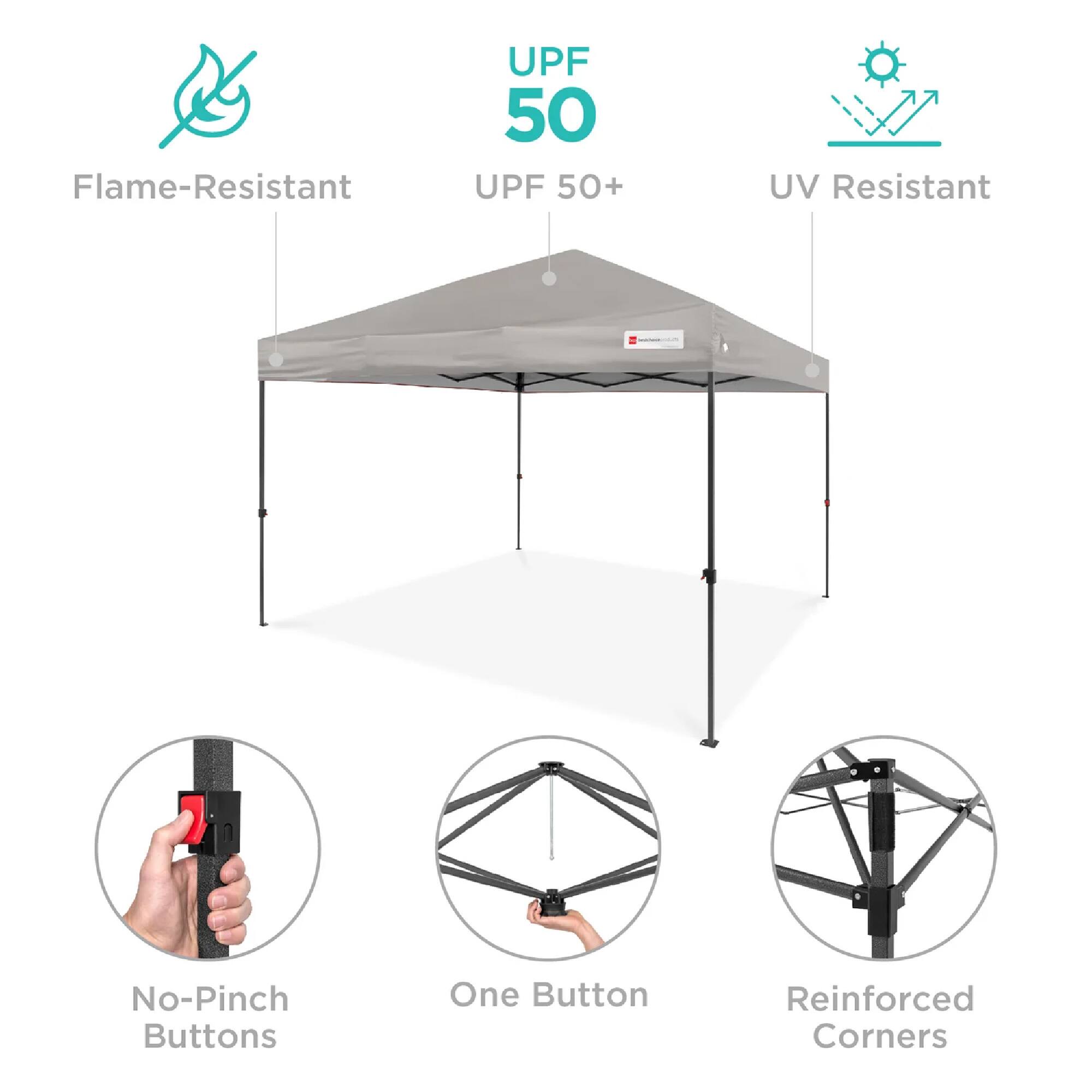 - Flame-Resistant
- UPF 50+
- UV Resistant
- No-Pinch Buttons
- One Button
- Reinforced Corners