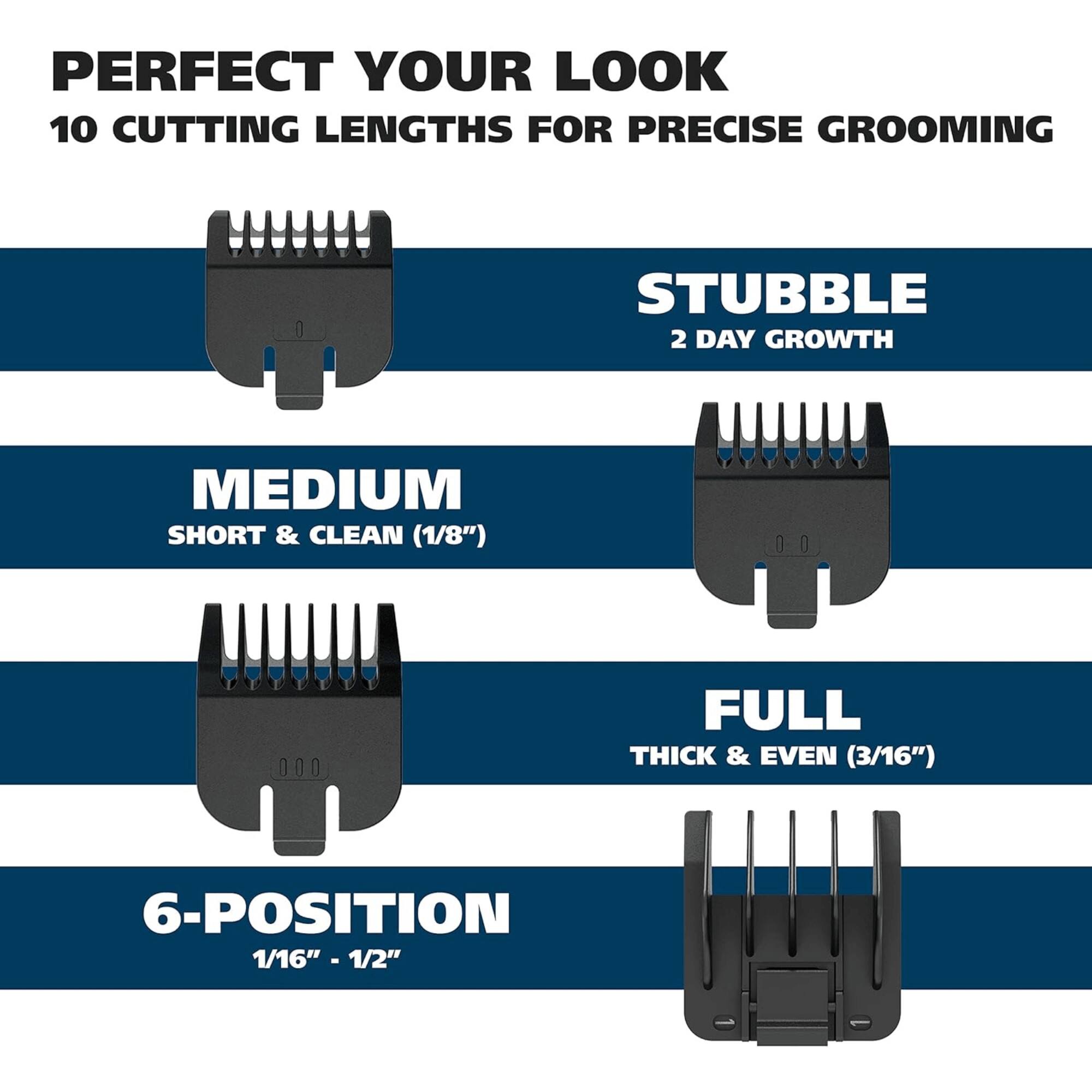 PERFECT YOUR LOOK
10 CUTTING LENGTHS FOR PRECISE GROOMING
STUBBLE 2 DAY GROWTH
MEDIUM SHORT & CLEAN (1/8")
FULL THICK & EVEN (3/16")
6-POSITION 1/16"-1/2"