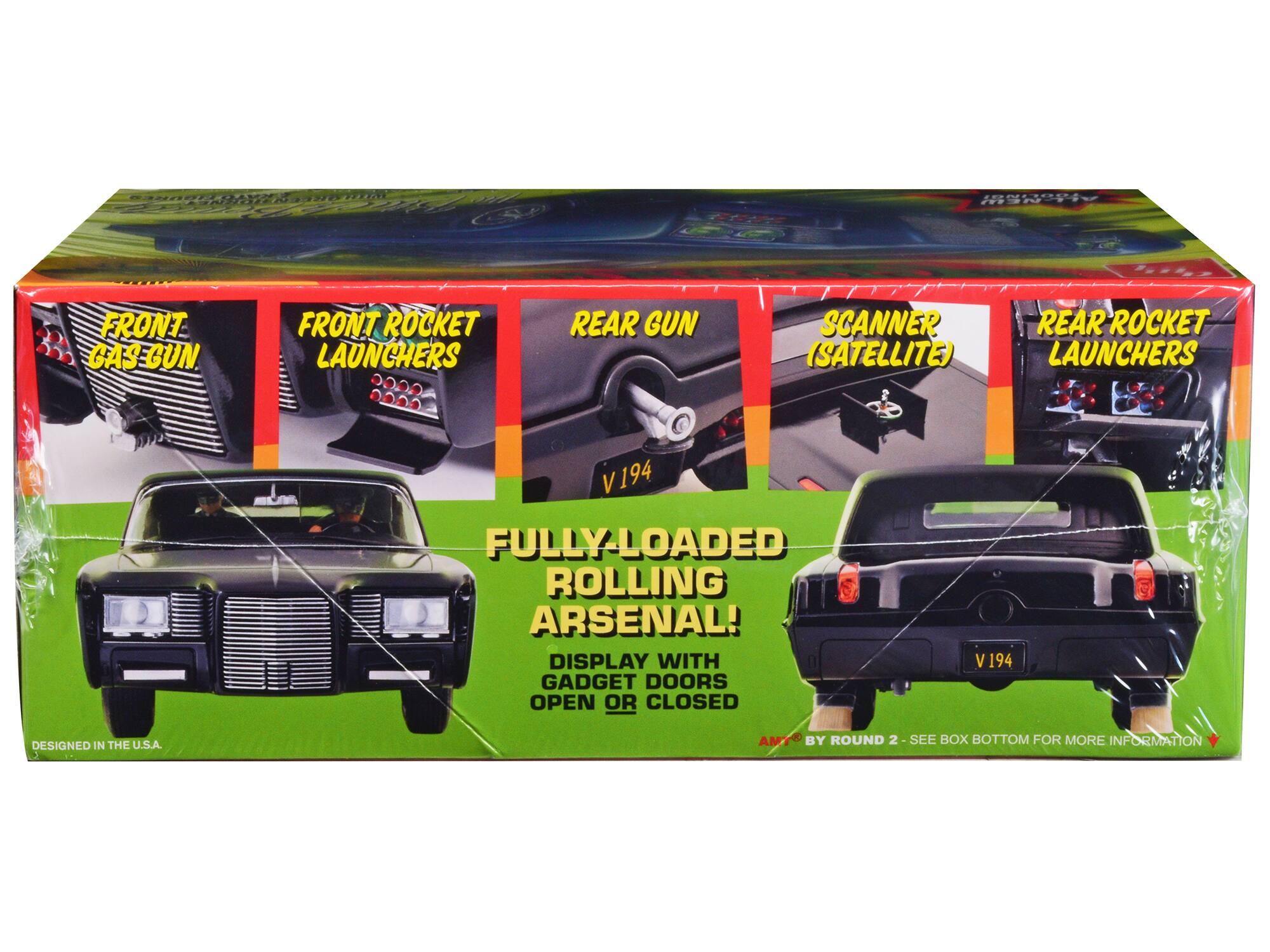 - FRONT GAS GUN
- FRONT ROCKET LAUNCHERS
- REAR GUN
- SCANNER (SATELLITE)
- REAR ROCKET LAUNCHERS

V 194

FULLY-LOADED ROLLING ARSENAL!
DISPLAY WITH GADGET DOORS OPEN OR CLOSED

V 194

DESIGNED IN THE U.S.A.

BY ROUND 2 - SEE BOX BOTTOM FOR MORE INFORMATION