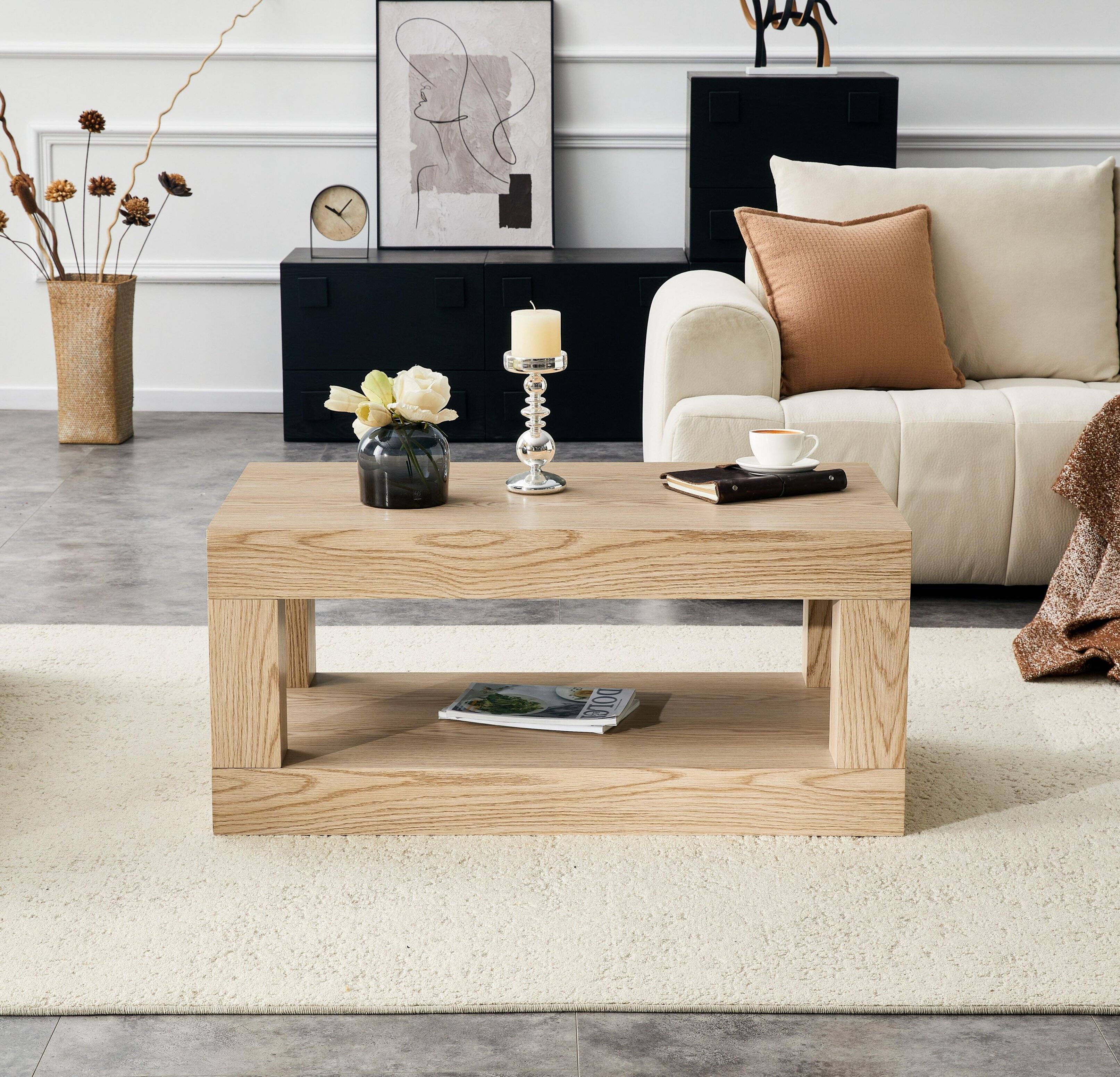 Back. Loheer - Loheer- Modern 2-Tier Coffee Table Open Storage Shelf Rectangular Center Table for Living Room 3.3x1.8x1.5 ft - Wood.