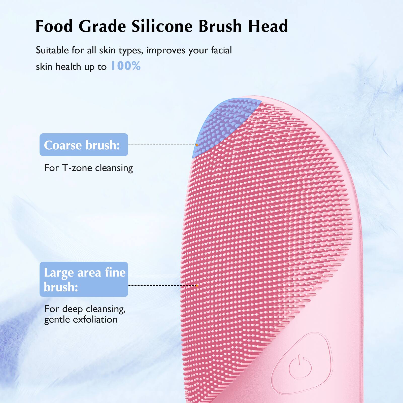 Food Grade Silicone Brush Head

Suitable for all skin types, improves your facial skin health up to 100%

Coarse brush:
For T-zone cleansing

Large area fine brush:
For deep cleansing, gentle exfoliation