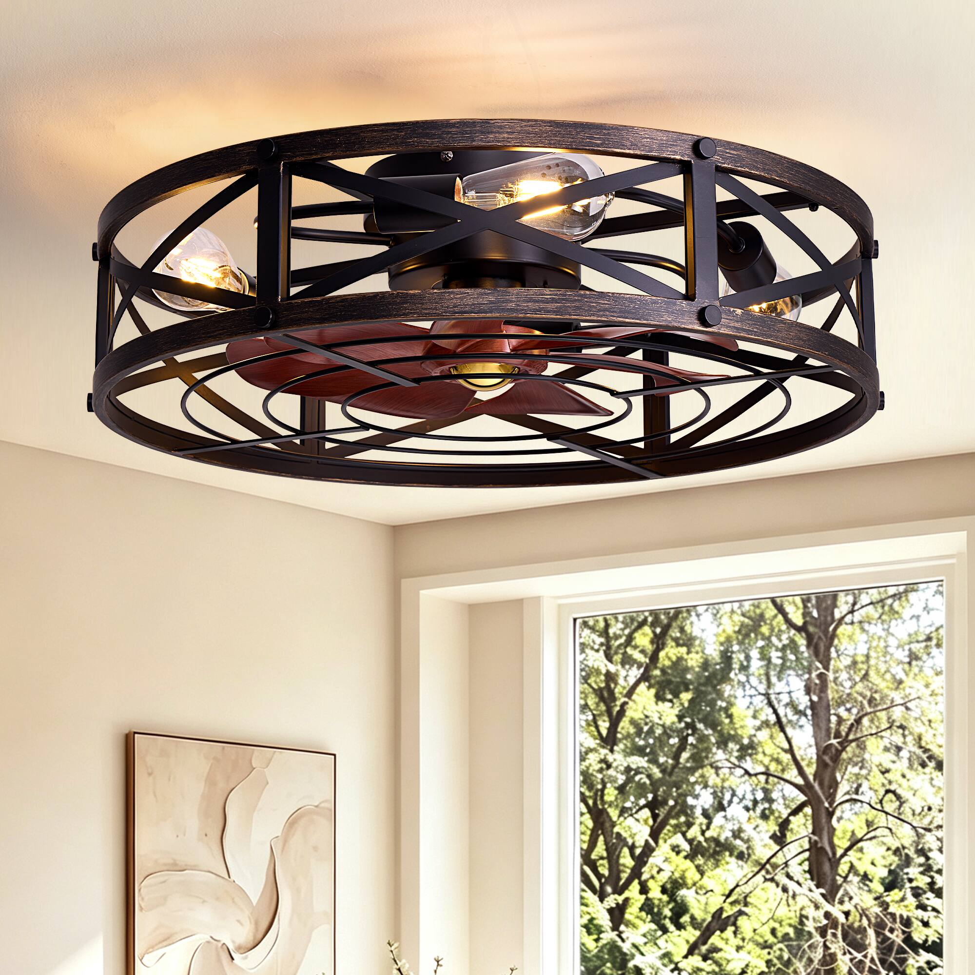 Front. Siljoy - 24 in Vintage Farmhouse Caged Flush Mount Ceiling Fan 7 Wood Grain Blades Remote and App Control for Bedrooms - Black&Brushed Gold.