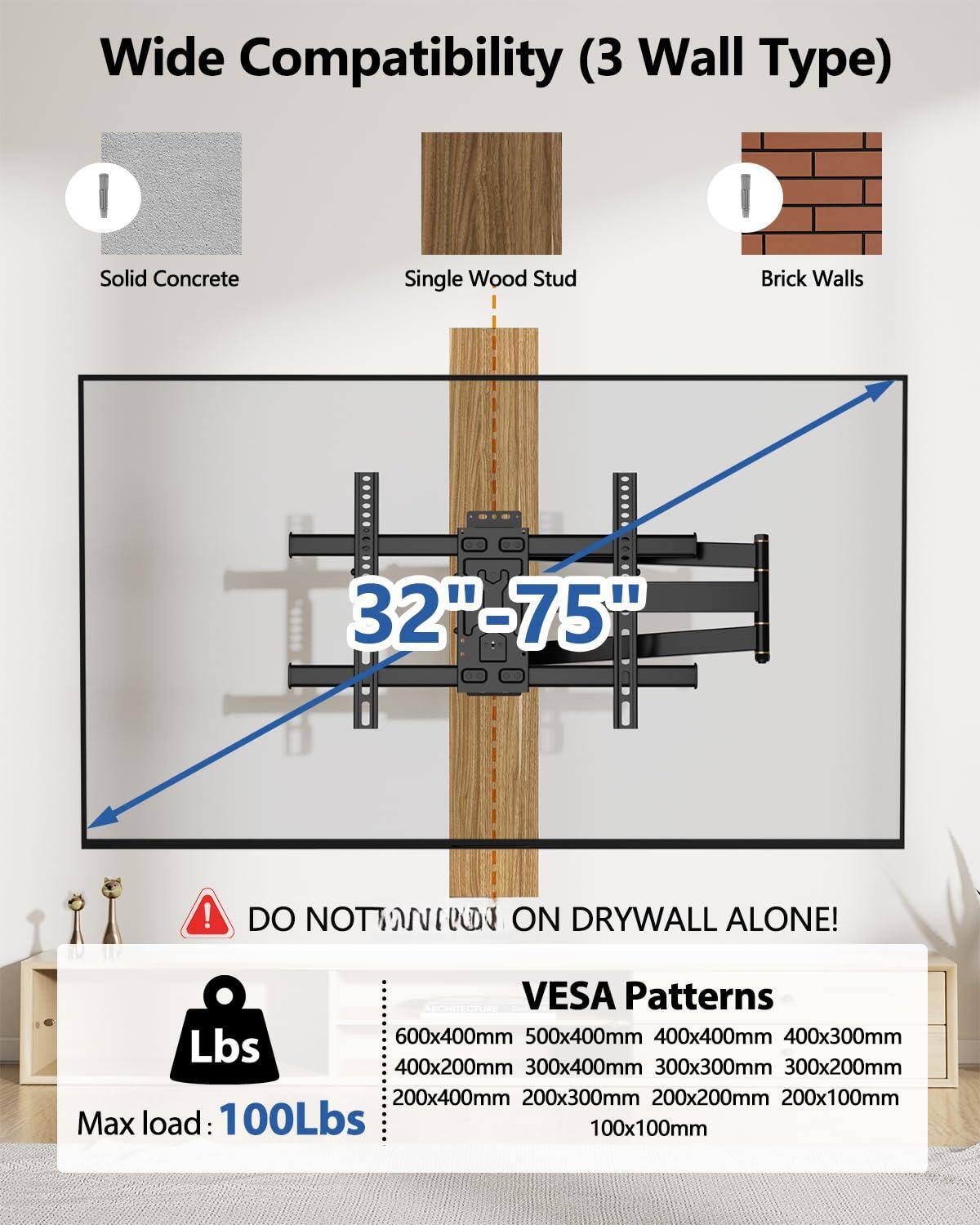 Wide Compatibility (3 Wall Type)

Solid Concrete  
Single Wood Stud  
Brick Walls  

32" - 75"  

DO NOT MOUNT ON DRYWALL ALONE!  

VESA Patterns  
600x400mm  
500x400mm  
400x400mm  
400x300mm  
300x400mm  
300x300mm  
300x200mm  
200x400mm  
200x300mm  
200x200mm  
200x100mm  
100x100mm  

Max load: 100Lbs
