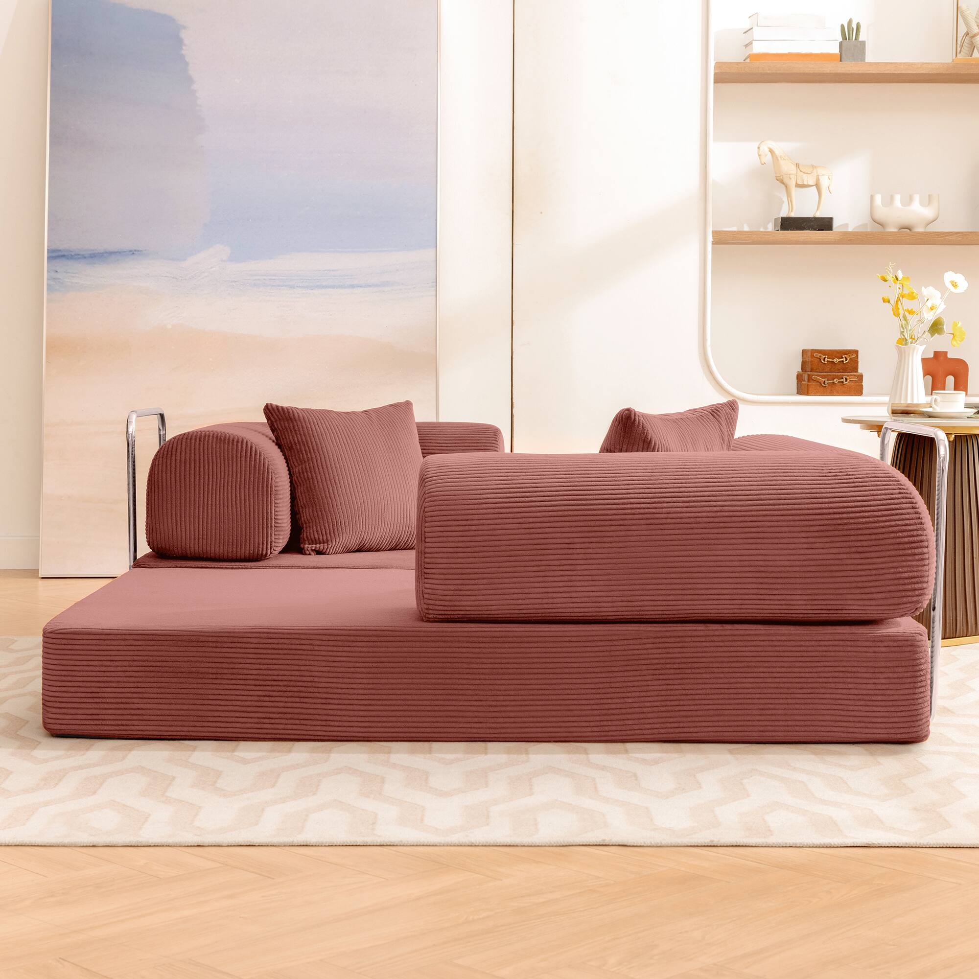 Back. KERDOM - 62'' Wide Corduroy Sleeper Sofa Bed, Convertible Loveseat Sofa With Pull-out Bed, Foldable Spliced Block Lounge Couch - Pink.