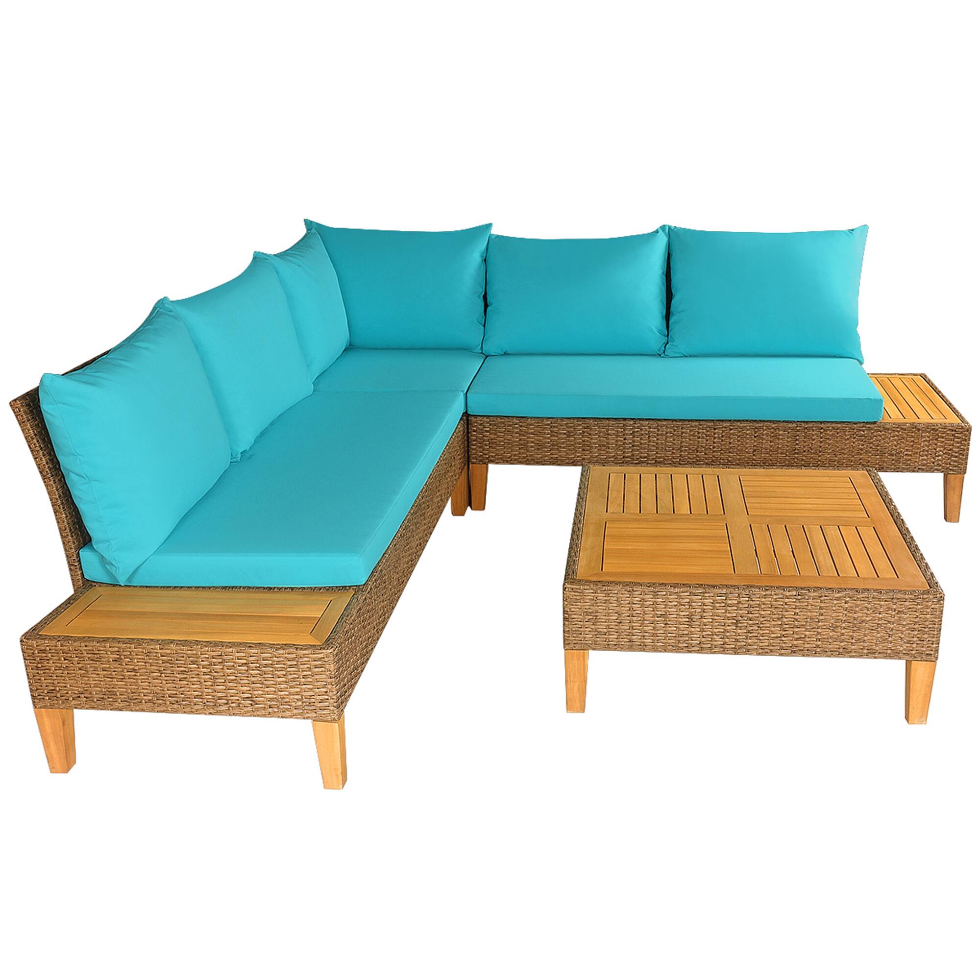 Alt View 5. Gymax - Gymax 4PCS Rattan Patio Sofa Set Outdoor Furniture Set w/ Turquoise Cushions - as pic.