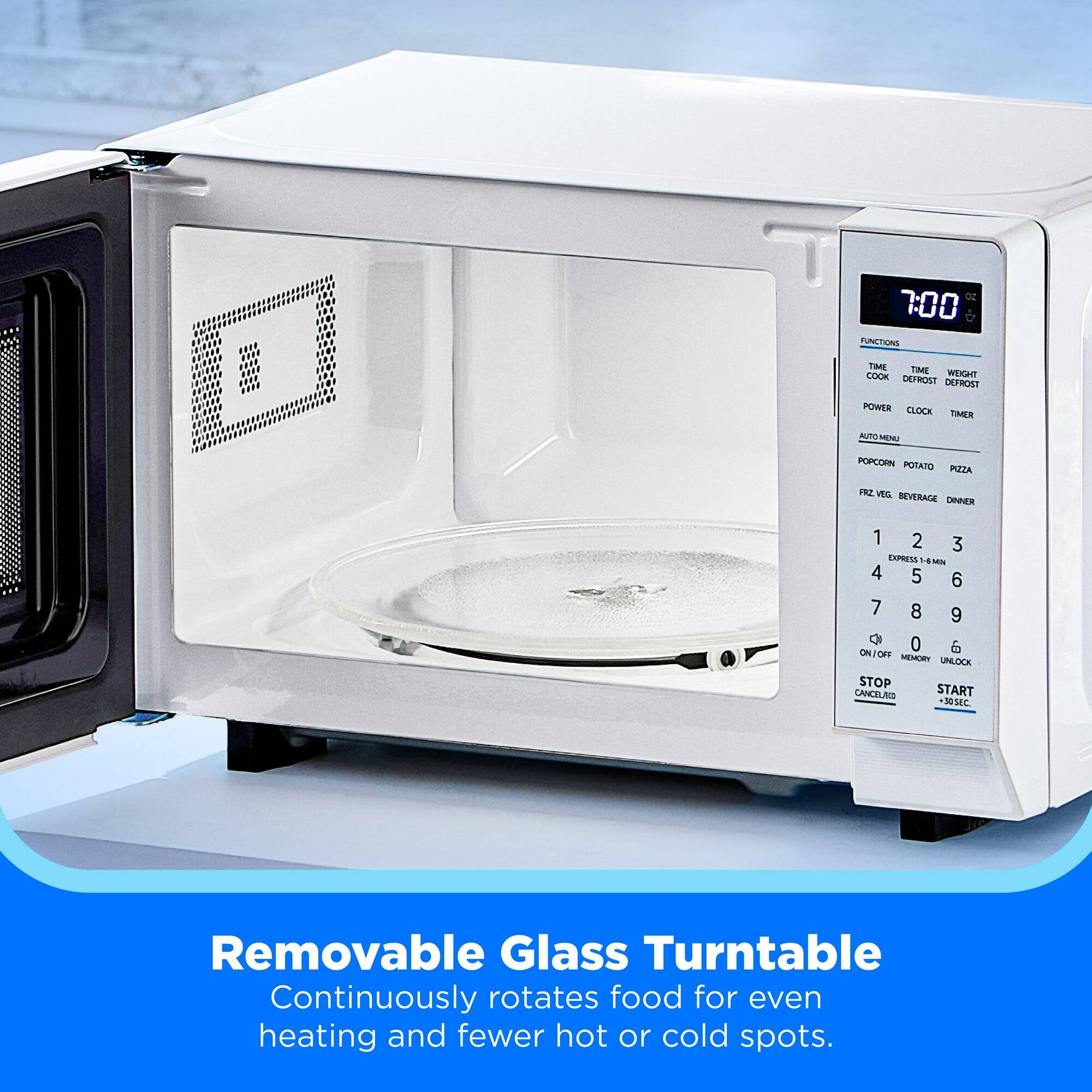 02 7:00 PUNCTIONS TIME COOK DEFROST DEPROST POWER CLOCK TIMER AUTO MENU POPCORN POTATO PIZZA FRZ VEG BEVERAGE DINNER 1 2 3 EXPRESS 1. LMN 4 5 6 7 8 9 G 0 6 ON/OFF .. MEMORY UNLOCK STOP CANCEL START 30 SEC Removable Glass Turntable Continuously rotates food for even heating and fewer hot or cold spots.