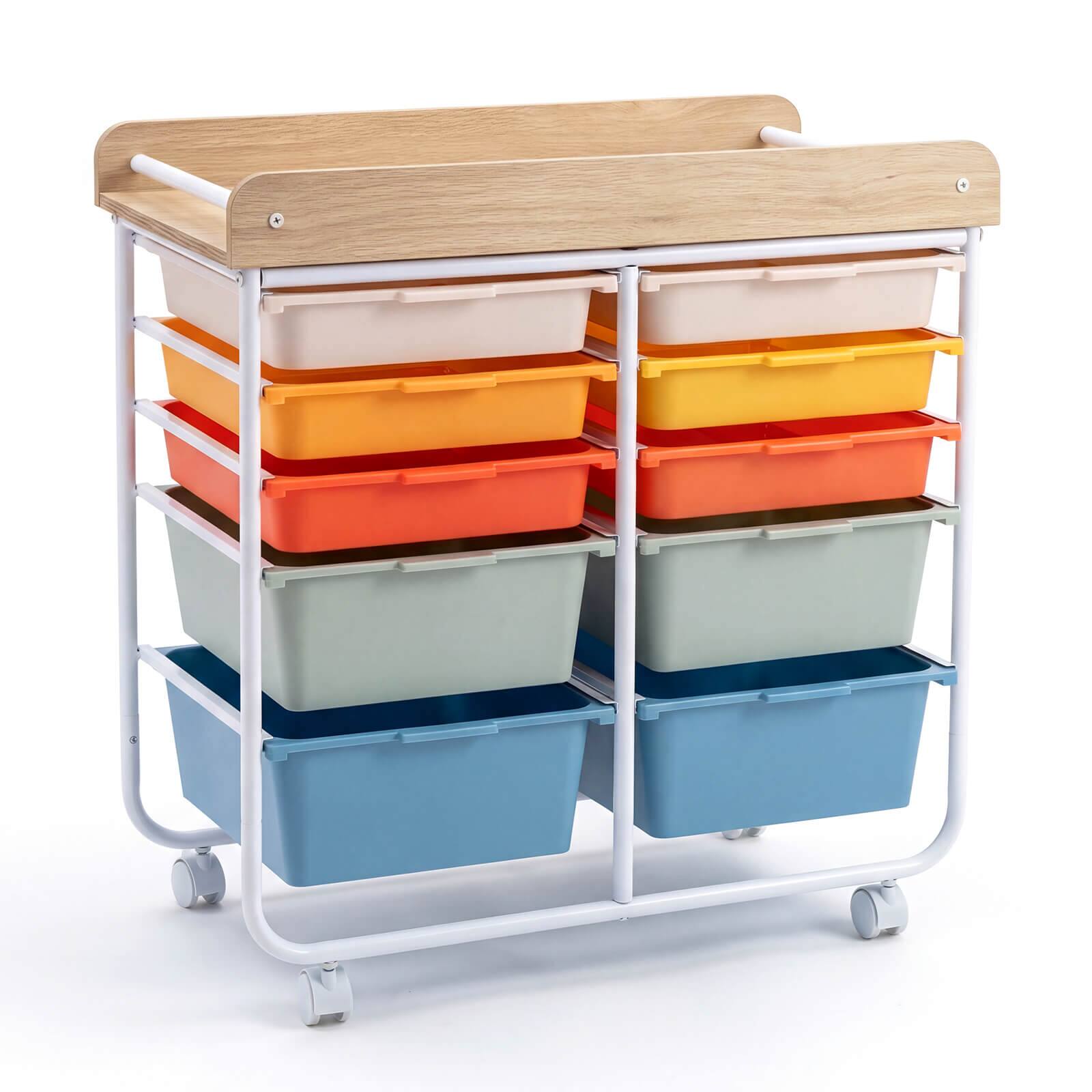 Alt View 9. Costway - Costway 10-Drawer Rolling Art & Craft Storage Cart with Wooden Tabletop, Lockable Wheels, Metal Frame & Handles - Natural + Macaron.