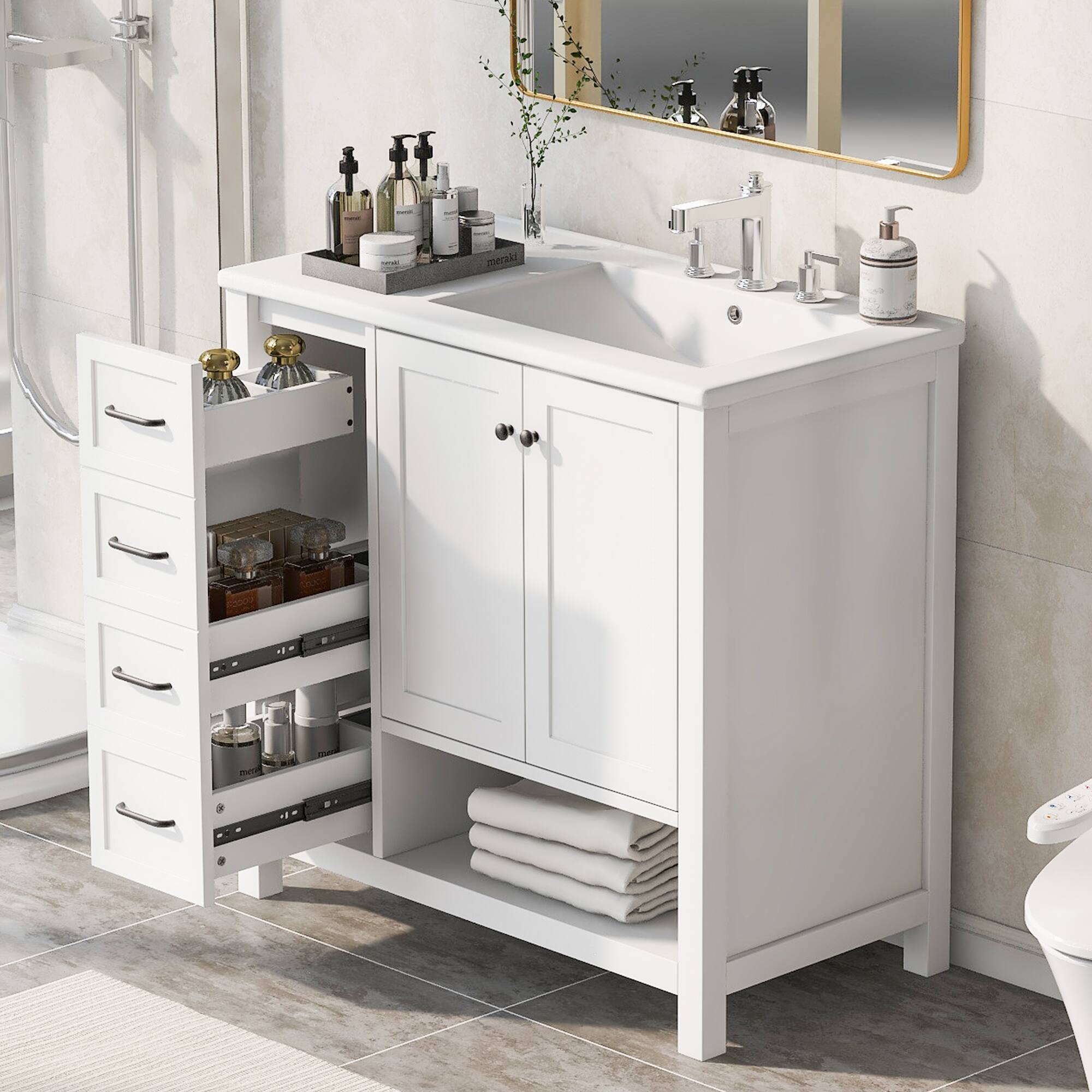 Angle. Whisen - 36 Inch Bathroom Vanity with Right Side Ceramic Sink Combo and Single Open Shelf Storage Cabinet - White.