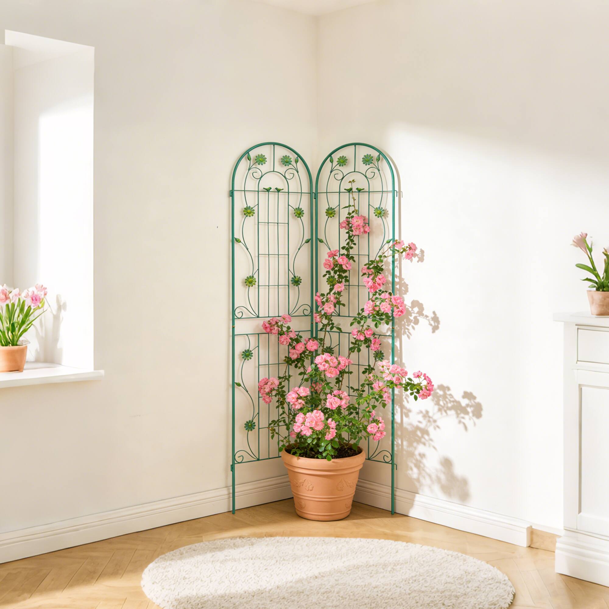 Angle. Loheer - Rustproof Metal Garden Trellis 2-Pack 7.23 ft x 1.64 ft Climbing Plant Support - Green.