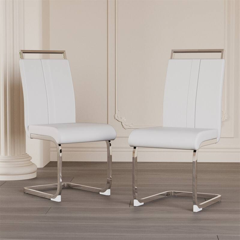 Front. HTUTWOO - Set of 2 Dining Chairs - PU Faux Leather High Back Upholstered Side Chair, C-Shaped Tube Plating Metal Legs, Guest Chair - White.