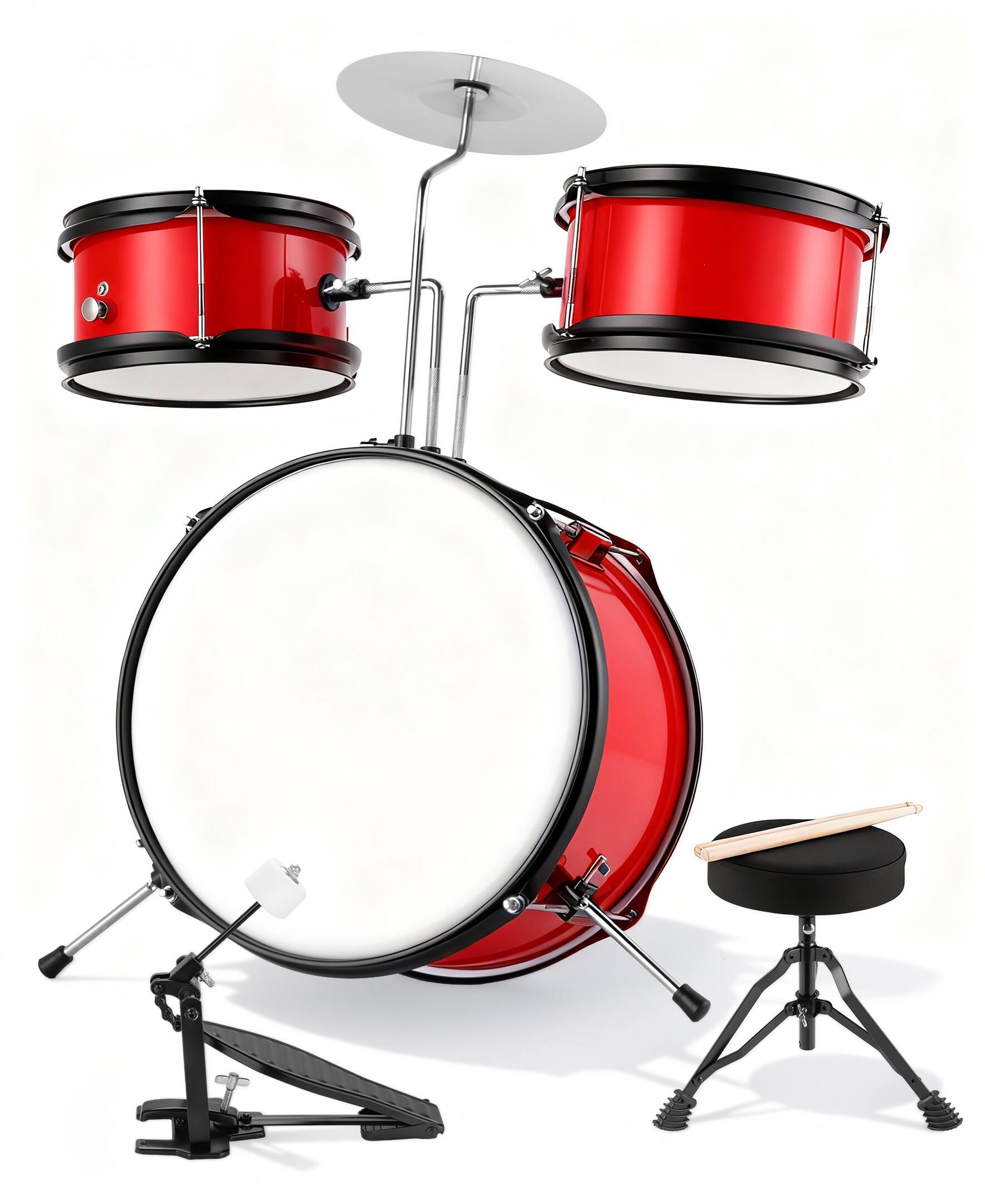 Alt View 5. Sugift - 3-Piece Kids Drum Set with Adjustable Stool, Bass Pedal & Cymbal – Realistic Junior Drum Kit for Ages 3+ - Red.
