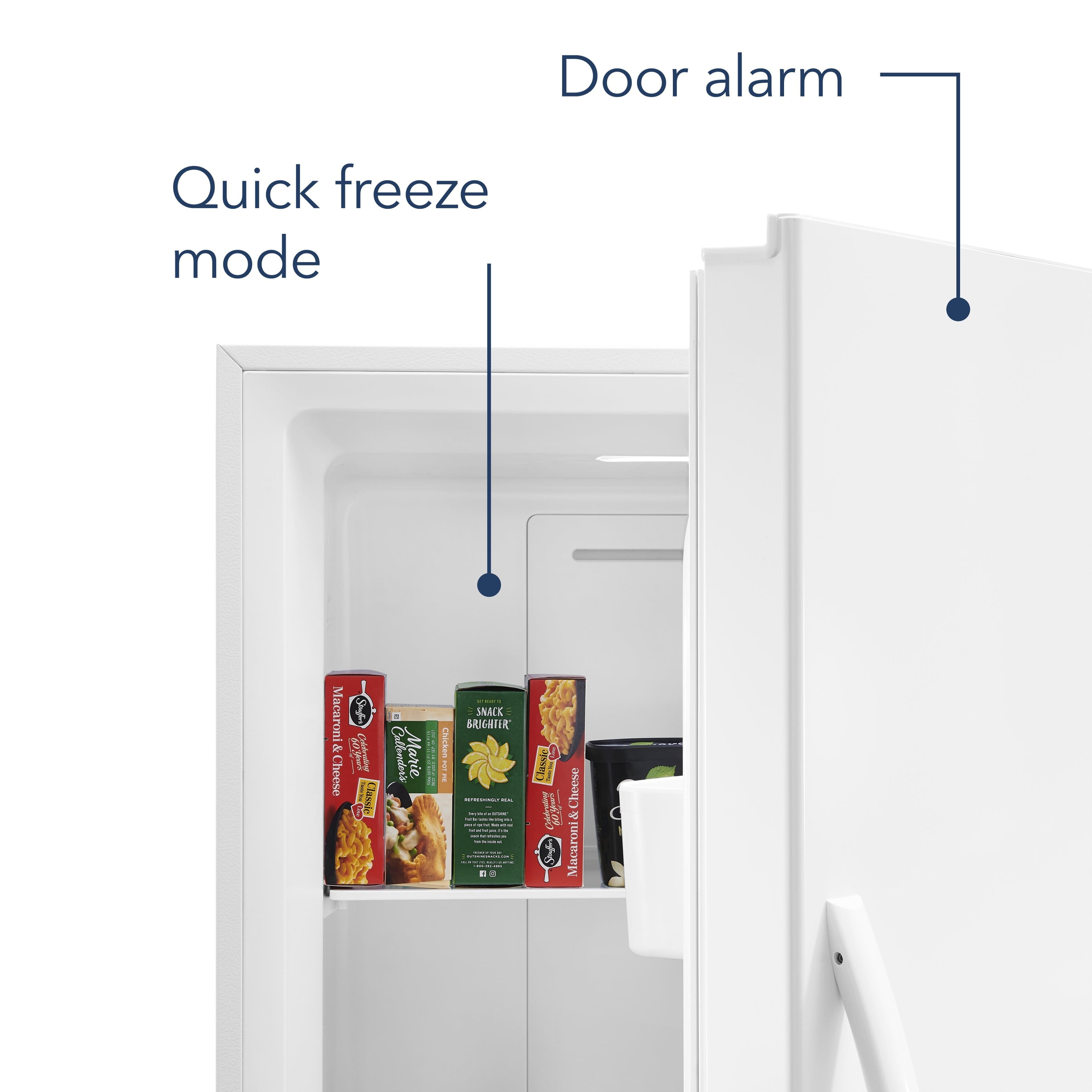The text on the image is grouped and corrected as follows:
1. Door alarm: This refers to the alarm that sounds when the refrigerator door is left open for an extended period.
2. Quick freeze mode: This mode allows the refrigerator to freeze food items quickly, which can be useful in emergency situations or when you need to preserve perishable items.
3. Macaroni & Cheese: This is a popular snack or meal option that can be stored in the refrigerator.
4. Classic Macaroni & Cheese: This is a specific type of macaroni and cheese that may have a traditional or classic recipe.
5. Callenders Marie Canada: This is a brand of macaroni and cheese that is available in Canada.
6. Macaroni & Cheese snack: This refers to the snack itself, which is a combination of macaroni and cheese.