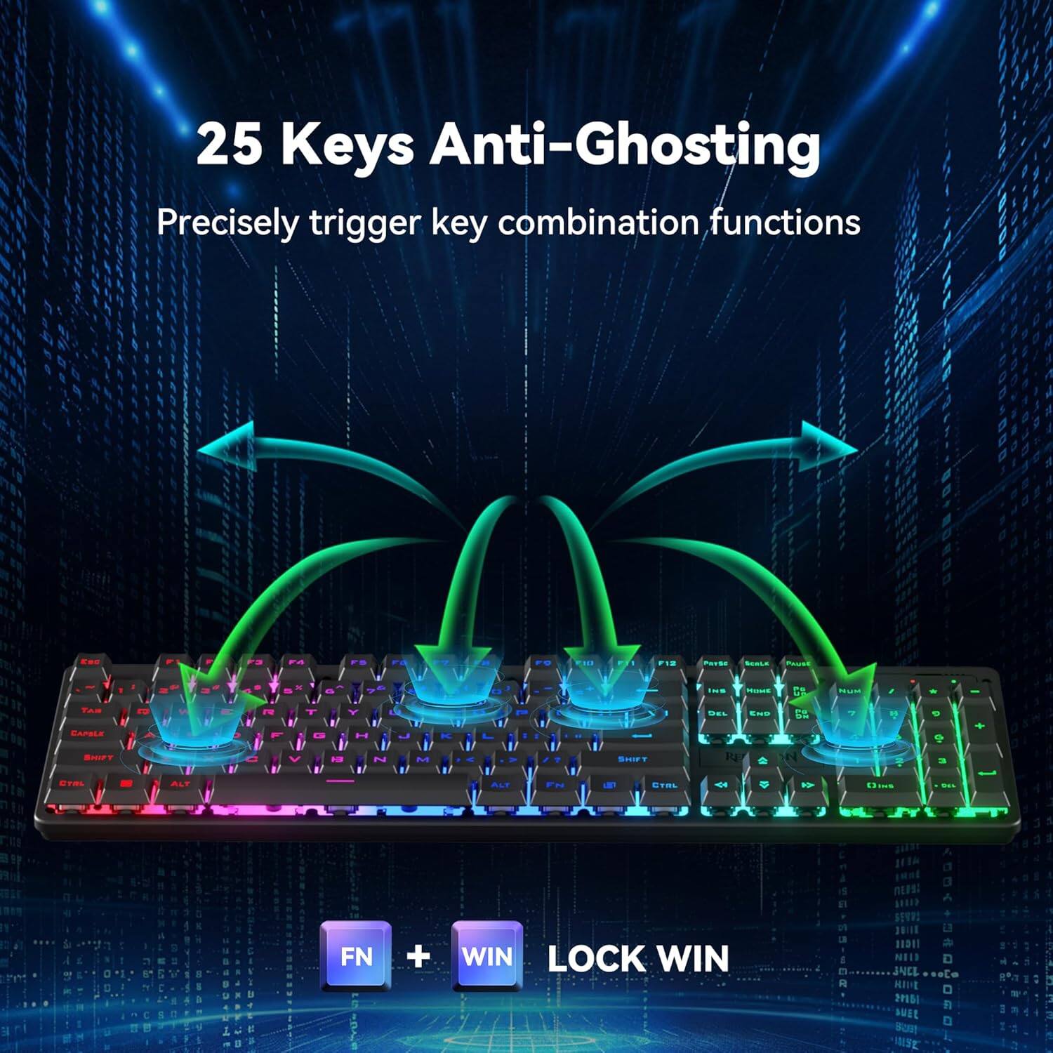 25 Keys Anti-Ghosting  
Precisely trigger key combination functions  

FN + WIN LOCK WIN