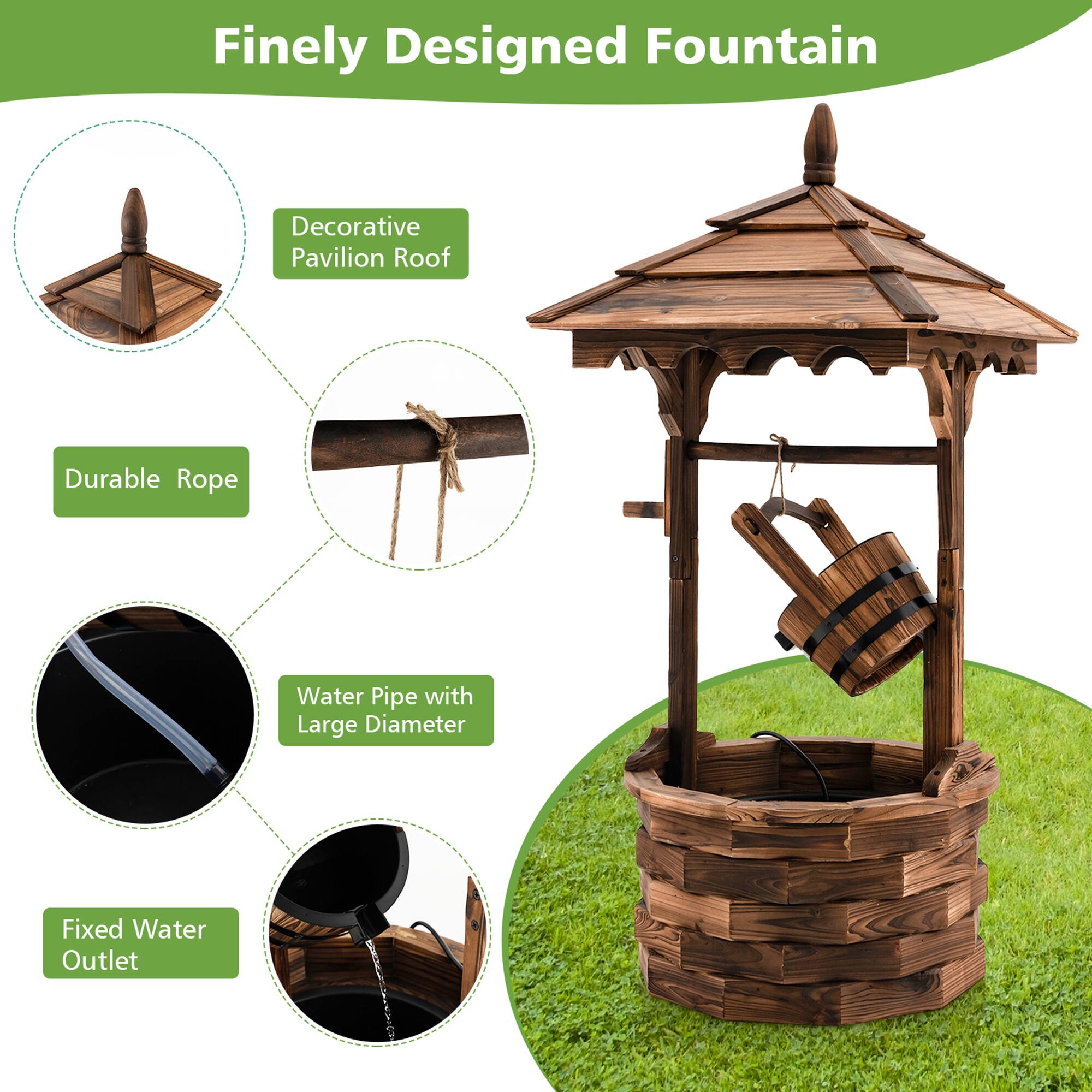 Finely Designed Fountain  
Decorative Pavilion Roof  
Durable Rope  
Water Pipe with Large Diameter  
Fixed Water Outlet