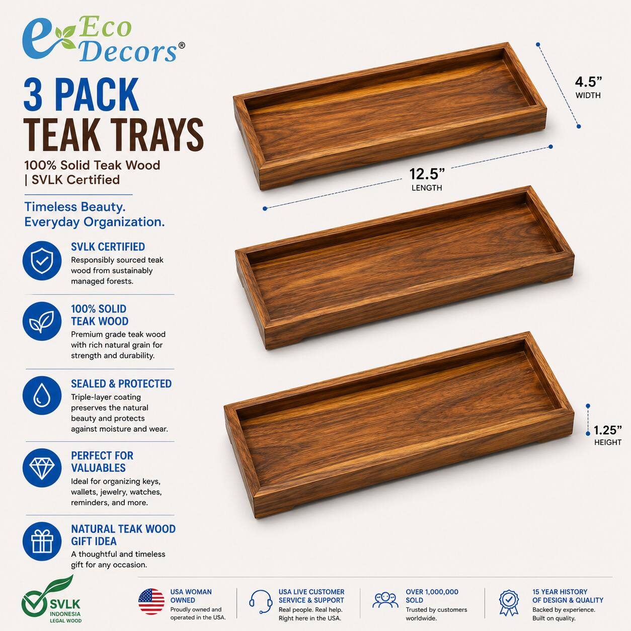 Eco Decors 3 PACK TEAK TRAYS 100% Solid Teak Wood SVLK Certified 12.5" LENGTH 4.5" WIDTH Timeless Beauty. Everyday Organization. SVLK CERTIFIED Responsibly sourced teak wood from sustainably managed forests. 100% SOLID TEAK WOOD Premium grade teak wood with rich natural grain for strength and durability. SEALED & PROTECTED Triple-layer coating preserves the natural beauty and protects against moisture and wear. PERFECT FOR VALUABLES Ideal for organizing keys, wallets, jewelry, watches, reminders, and more. 1.25" HEIGHT NATURAL TEAK WOOD GIFT IDEA A thoughtful and timeless gift for any occasion. SVLK INDONESIA LEGAL WOOD USA WOMAN OWNED Proudly owned and operated in the USA. USA LIVE CUSTOMER SERVICE & SUPPORT Real people. Real help. Right here in the USA. OVER 1,000,000 SOLD Trusted by customers worldwide. 15 YEAR HISTORY OF DESIGN & QUALITY Backed by experience. Built on quality.