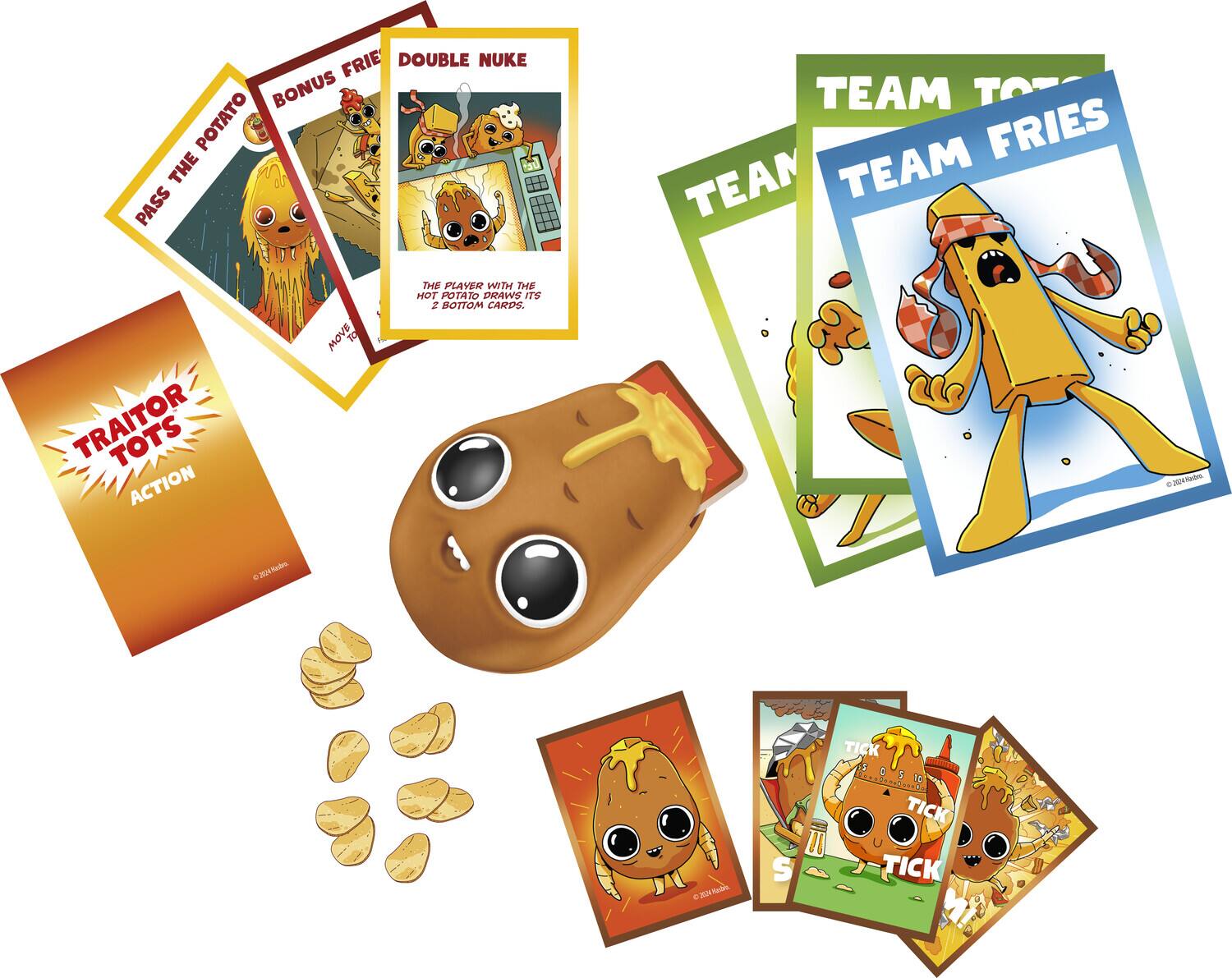 - TRAITOR TOTS ACTION
- PASS THE POTATO
- BONUS FRIES
- DOUBLE NUKE
- THE PLAYER WITH THE HOT POTATO DRAWS ITS 2 BOTTOM CARDS.
- TEAM TOTS
- TEAM FRIES
- TICK TICK TICK