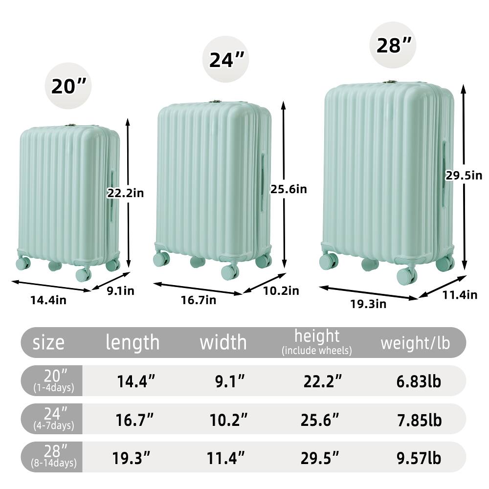 20"  
24"  
28"  
22.2in  
25.6in  
29.5in  
14.4in  
9.1in  
16.7in  
10.2in  
19.3in  
11.4in  
size 20" (1-4days)  
length 14.4"  
width 9.1"  
height weight/lb (include wheels) 22.2" 6.83lb  
24" (4-7days) 28" (8-14days)  
16.7" 19.3"  
10.2" 11.4"  
25.6" 29.5"  
7.85lb 9.57lb