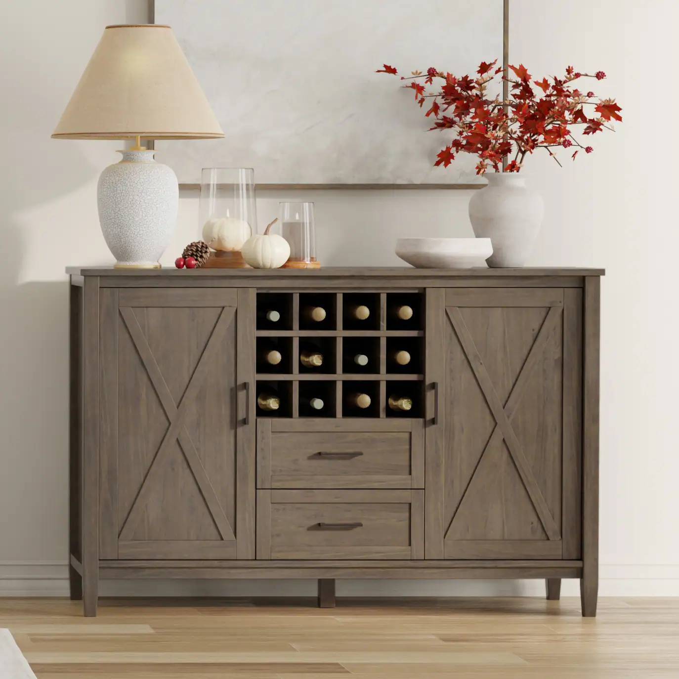 Angle. Simpli Home - Ela SOLID WOOD Sideboard with Wine Storage in Smoky Brown - Smoky Brown.