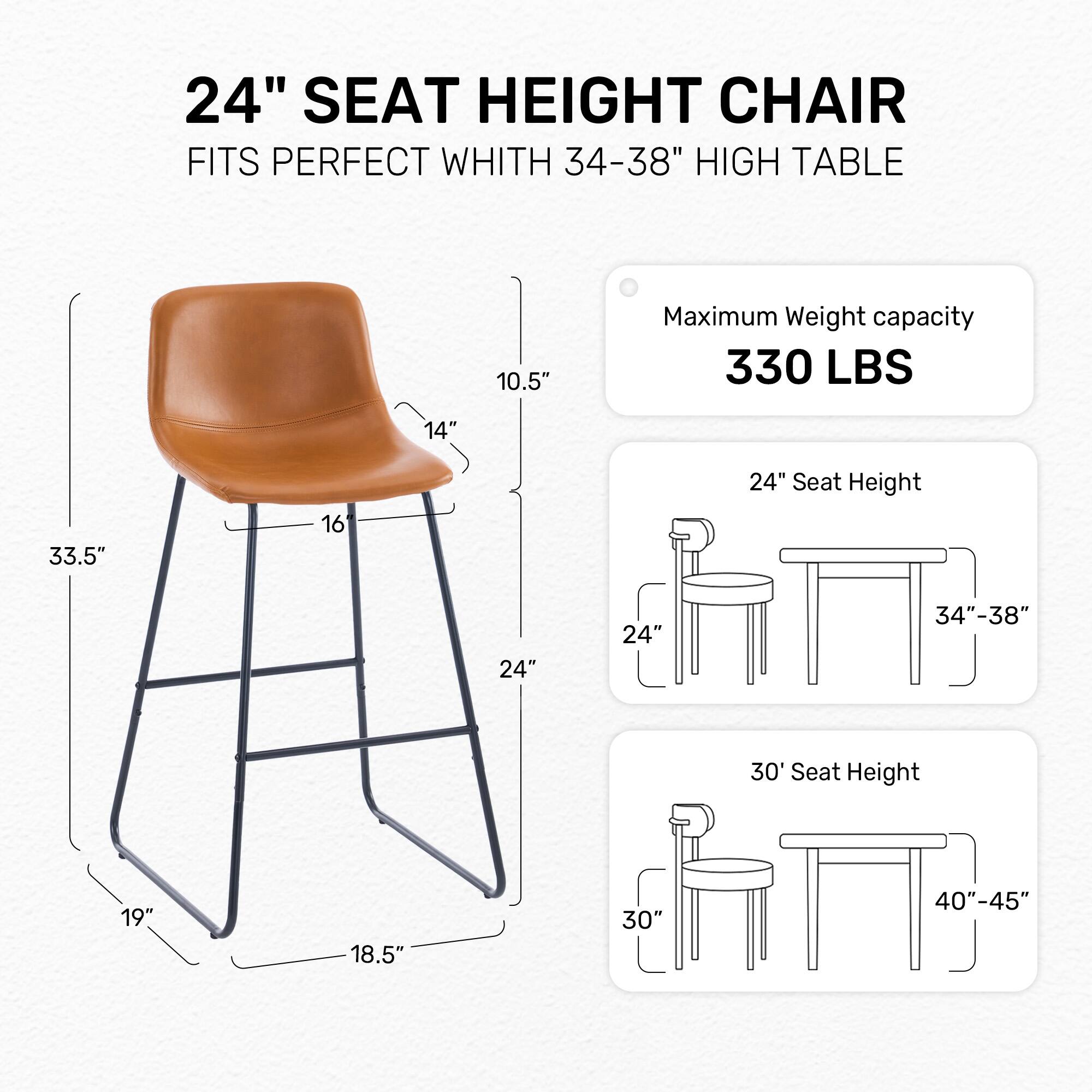 24" SEAT HEIGHT CHAIR FITS PERFECT WHITH 34-38" HIGH TABLE

Maximum Weight capacity 330 LBS

10.5" 14" 33.5" 16" 24" Seat Height

19" 18.5" 30" 40"-45"