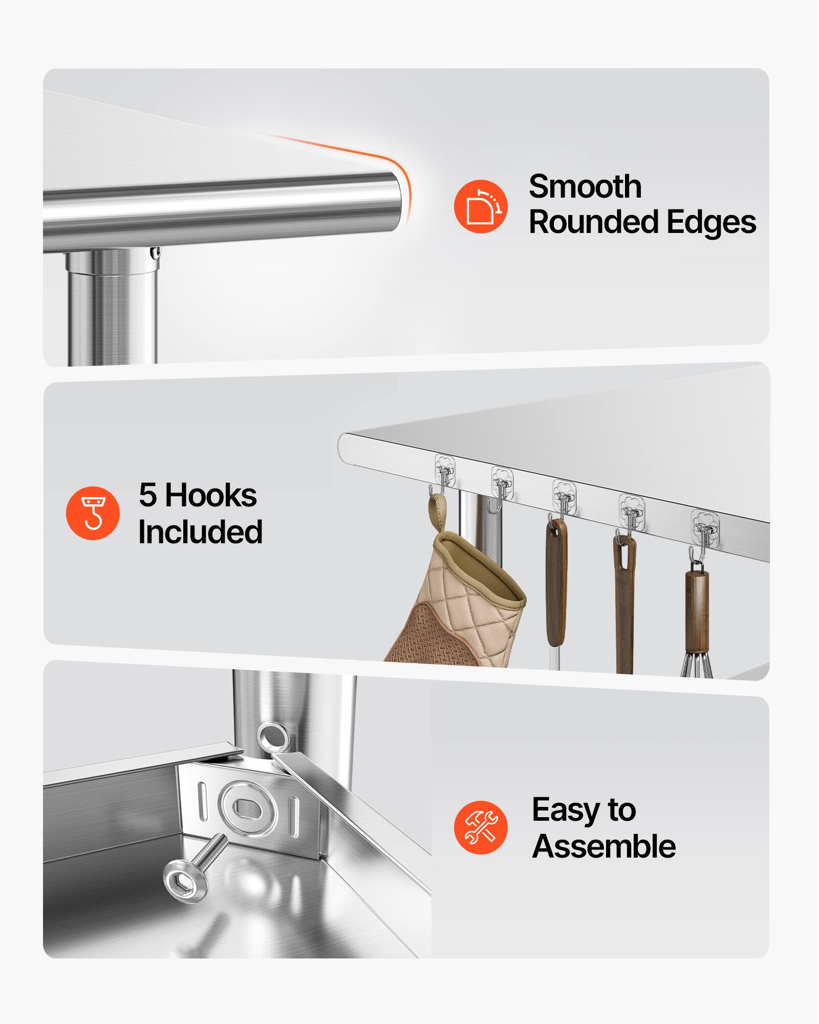Smooth Rounded Edges  
5 Hooks Included  
Easy to Assemble