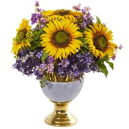BreeBe - 16" Sunflower and Lilac Arrangement in Stoneware Urn - Multi