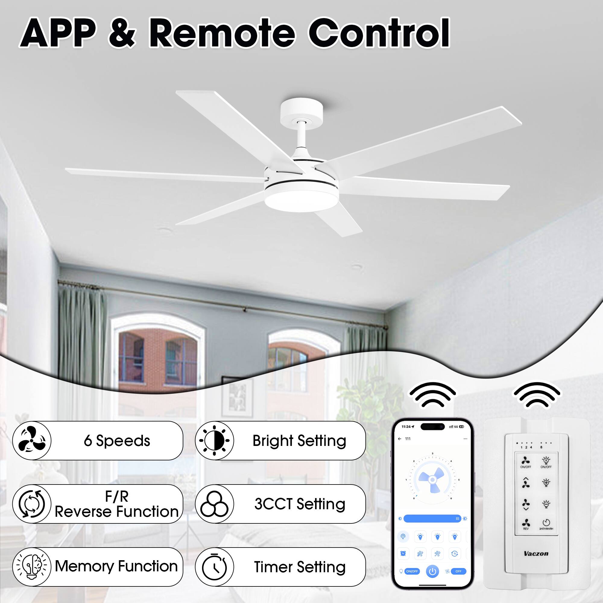 APP & Remote Control

- 6 Speeds
- Bright Setting
- F/R Reverse Function
- 3CCT Setting
- Memory Function
- Timer Setting