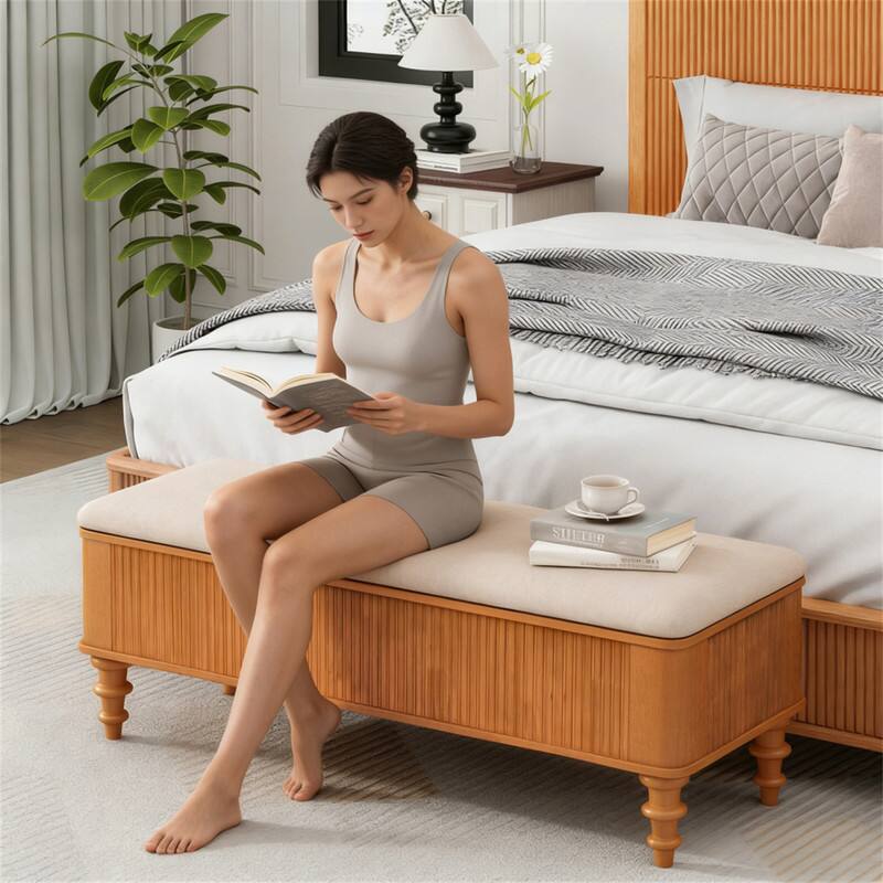 Alt View 5. HTUTWOO - 50.8-inch Multi-Functional Storage Ottoman Bench -Rubberwood Bed End Bench with Linen Seat,Shoe Organizer Storage Bench - Natural.