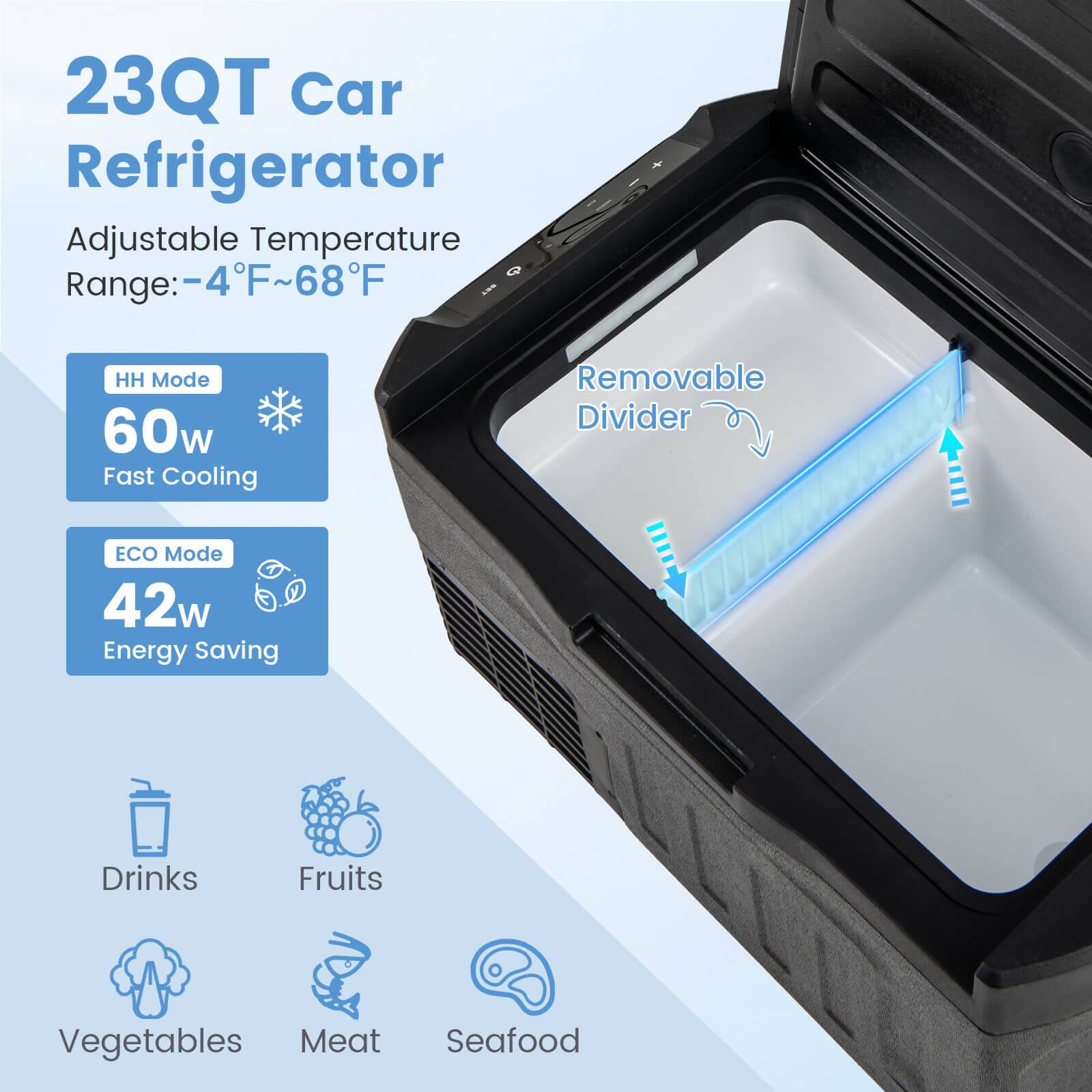 23QT Car Refrigerator

Adjustable Temperature Range: -4°F~68°F

HH Mode
60w Fast Cooling

ECO Mode
42w Energy Saving

Removable Divider

Drinks
Fruits
Vegetables
Meat
Seafood