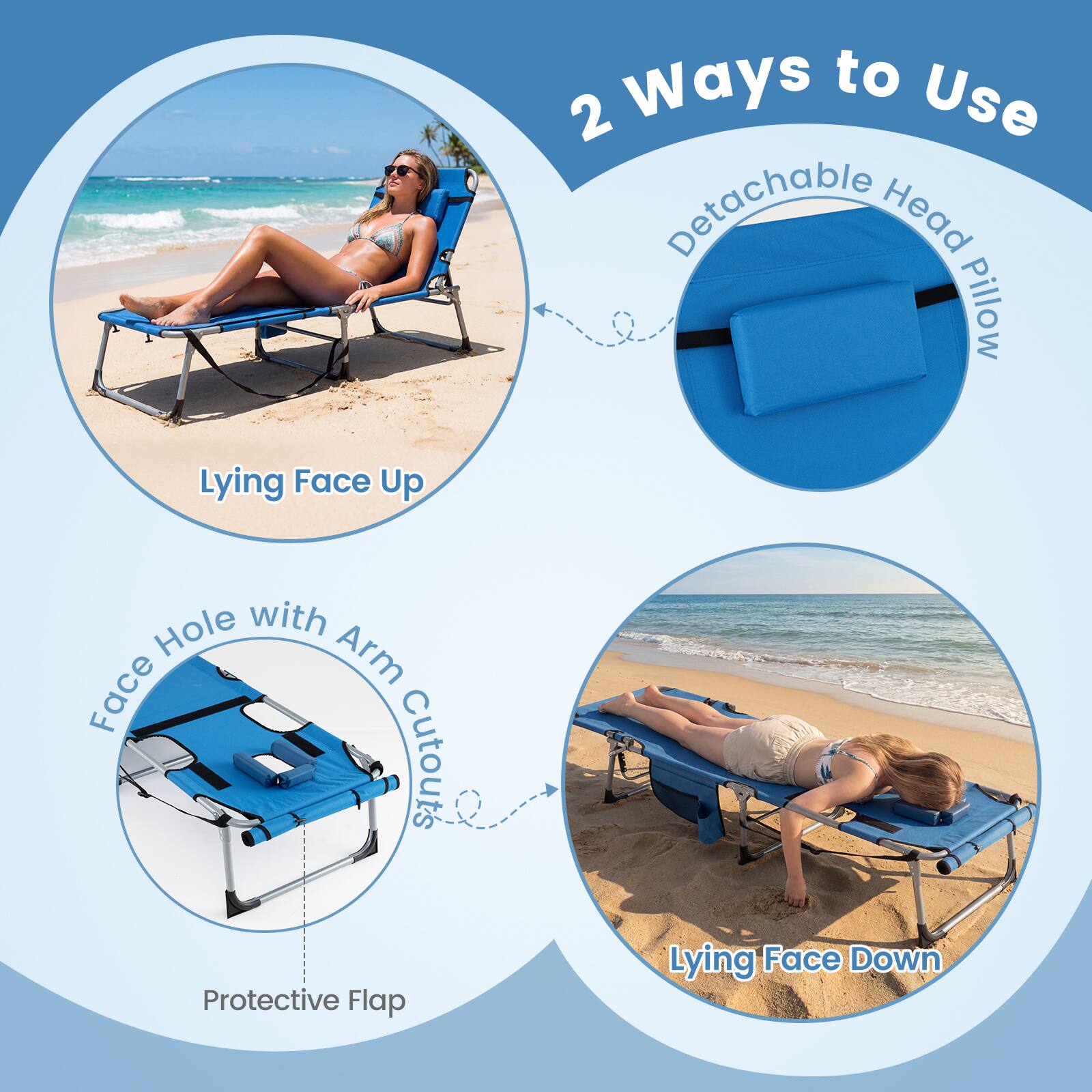 2 Ways to Use Detachable Head Pillow  
- Lying Face Up  
- Lying Face Down  
- Face Hole with Arm Cutouts  
- Protective Flap