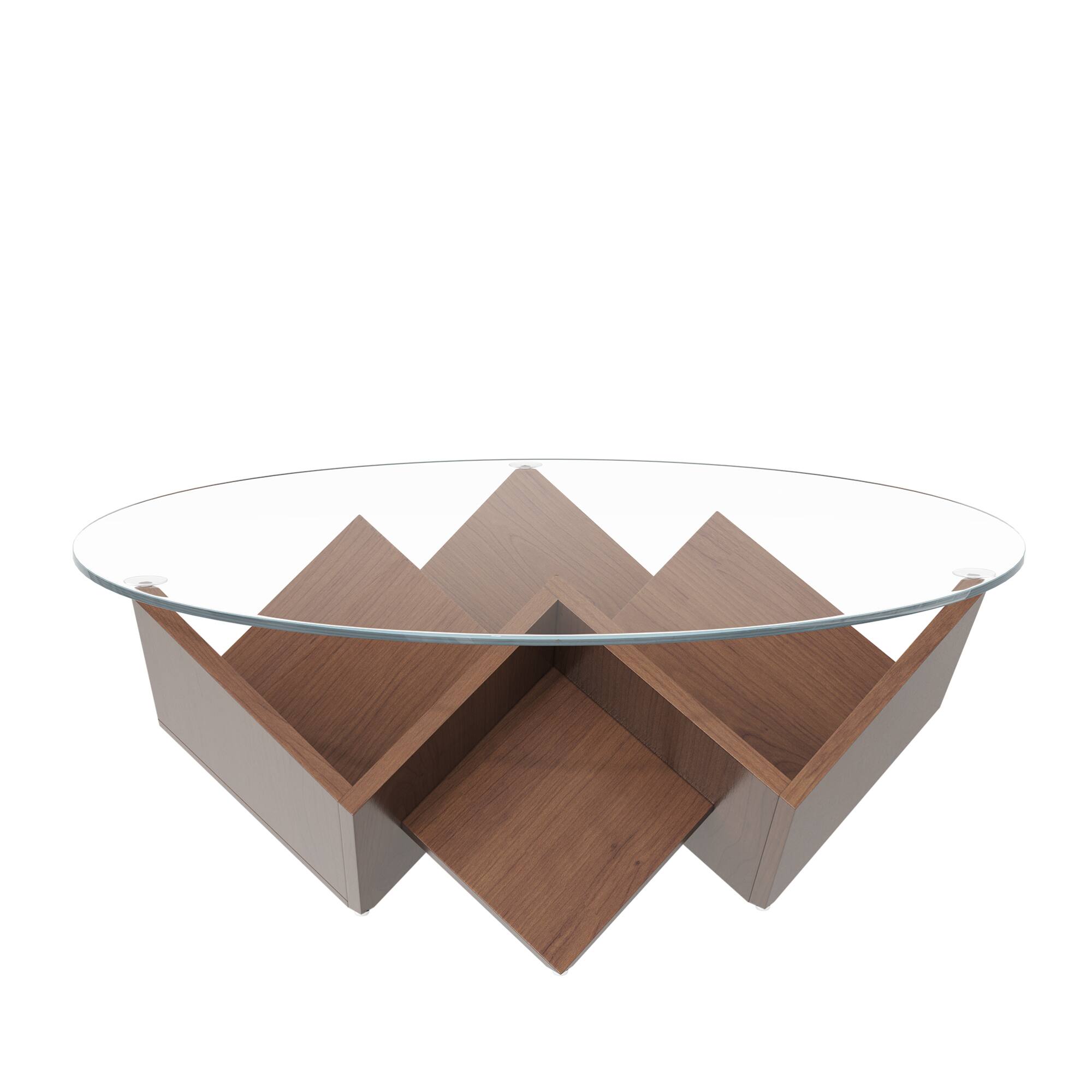Alt View 7. GOODSILO - Round Coffee Table with Tempered Glass Top and Geometric Art Deco Style Storage Base - Walnut.
