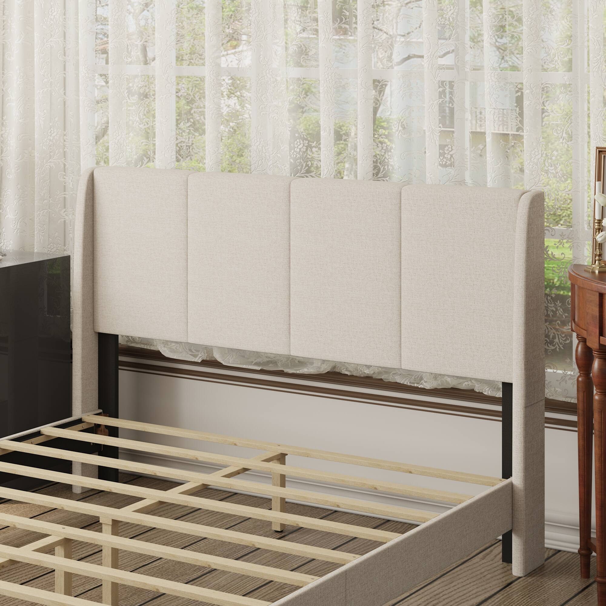 Alt View 6. Famapy - Famapy Upholstered Bed Frame: Plush Linen Headboard & Reinforced 10 - Slat Support - Off-White.