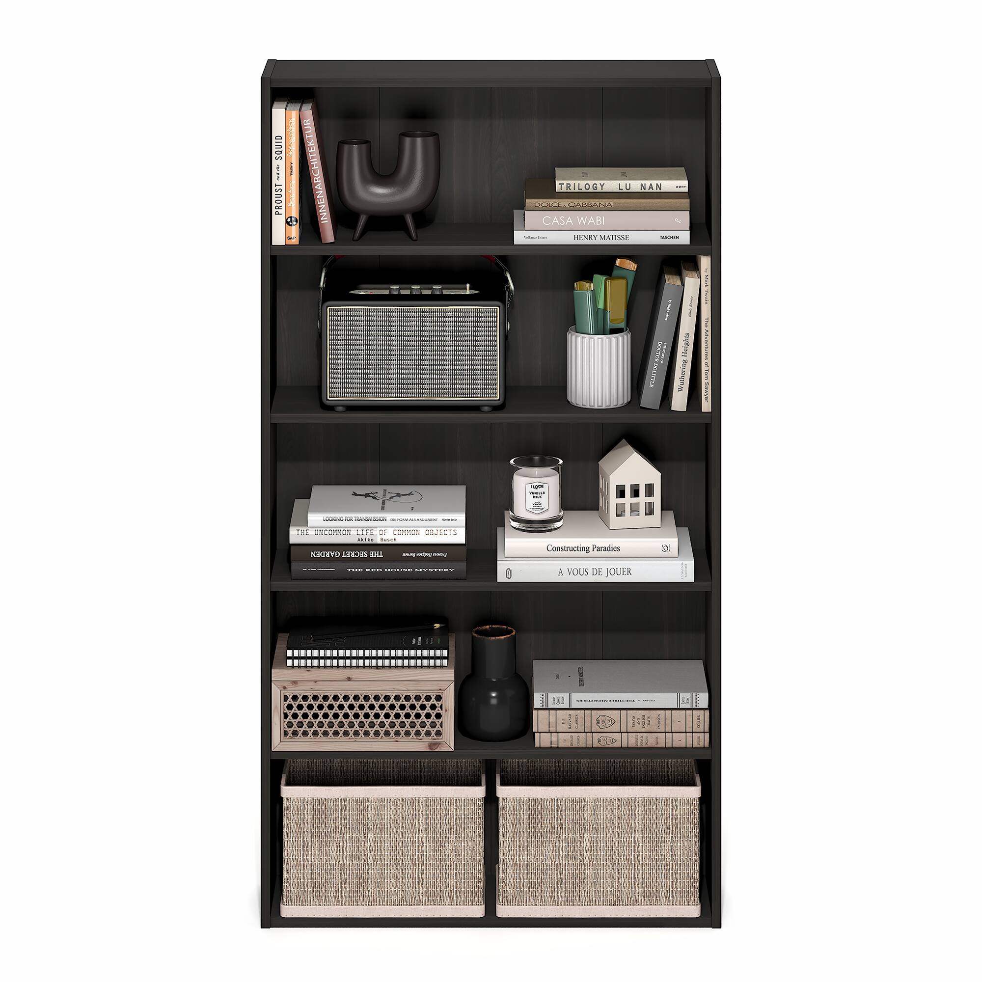 Sure, here is the corrected and grouped text from the image:

**Top Shelf:**
- TRILOGY LU NAN
- DOLCE & GABBANA
- CASA WABI
- HEINRICH MATTISSE
- SLACKS

**Second Shelf:**
- Proust
- In Search of Lost Time
- In Search of Lost Time
- Constructing Paradises
- A VOUS DE JOUER

**Third Shelf:**
- LOOKING FOR TRANQUILITY
- THE UNCOMMON LIFE OF COMMON OBJECTS
- THE UNCOMMON LIFE OF COMMON OBJECTS
- THE UNCOMMON LIFE OF COMMON OBJECTS
- THE UNCOMMON LIFE OF COMMON OBJECTS

**Fourth Shelf:**
- (No visible text)

**Fifth Shelf:**
- (No visible text)

**Additional Text:**
- AdDUNS ORN
- NAUE LEE

This text is grouped by the shelves and includes any additional text that appears in the image.