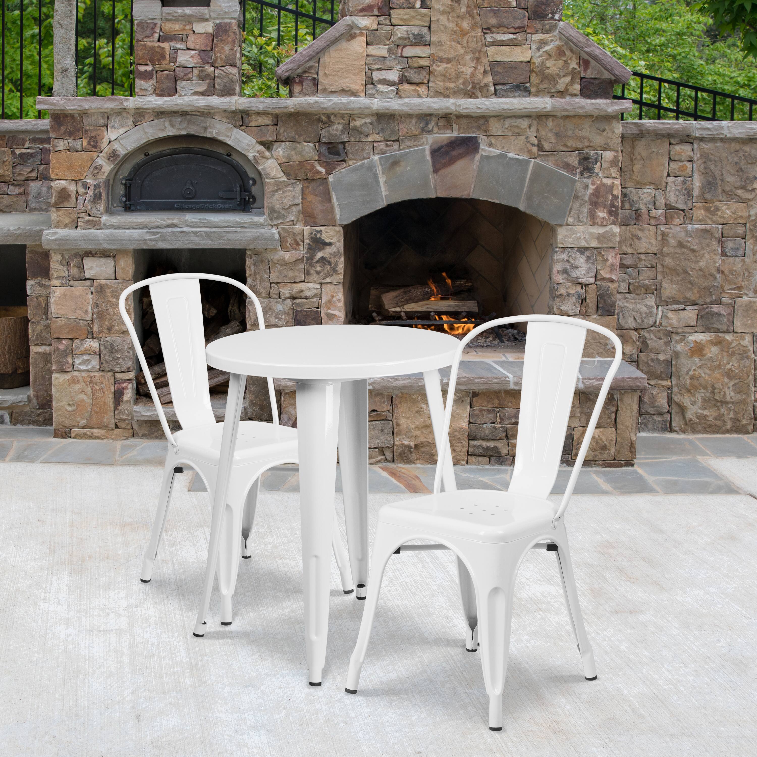 Emma + Oliver - Commercial Grade 24" Round Metal Indoor-Outdoor Table Set with 2 Cafe Chairs - White