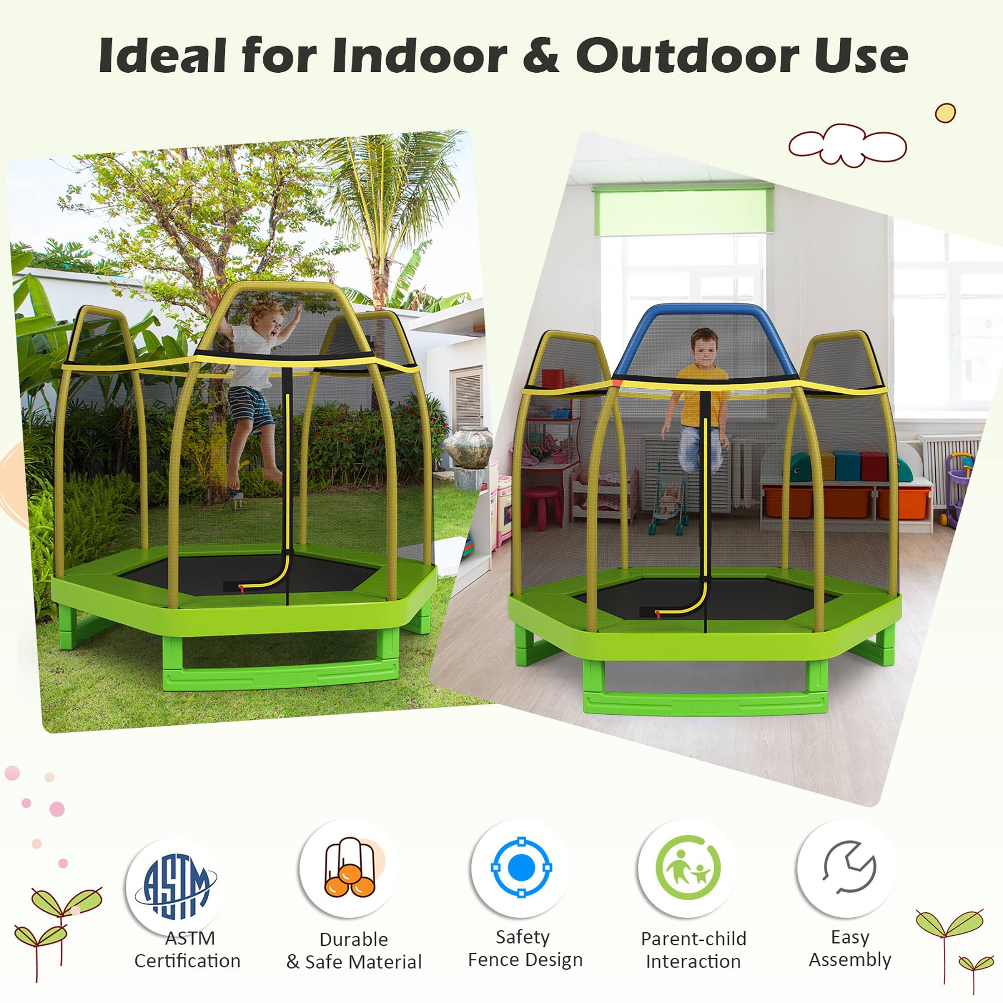 Ideal for Indoor & Outdoor Use

- ASTM Certification
- Durable & Safe Material
- Safety Fence Design
- Parent-child Interaction
- Easy Assembly