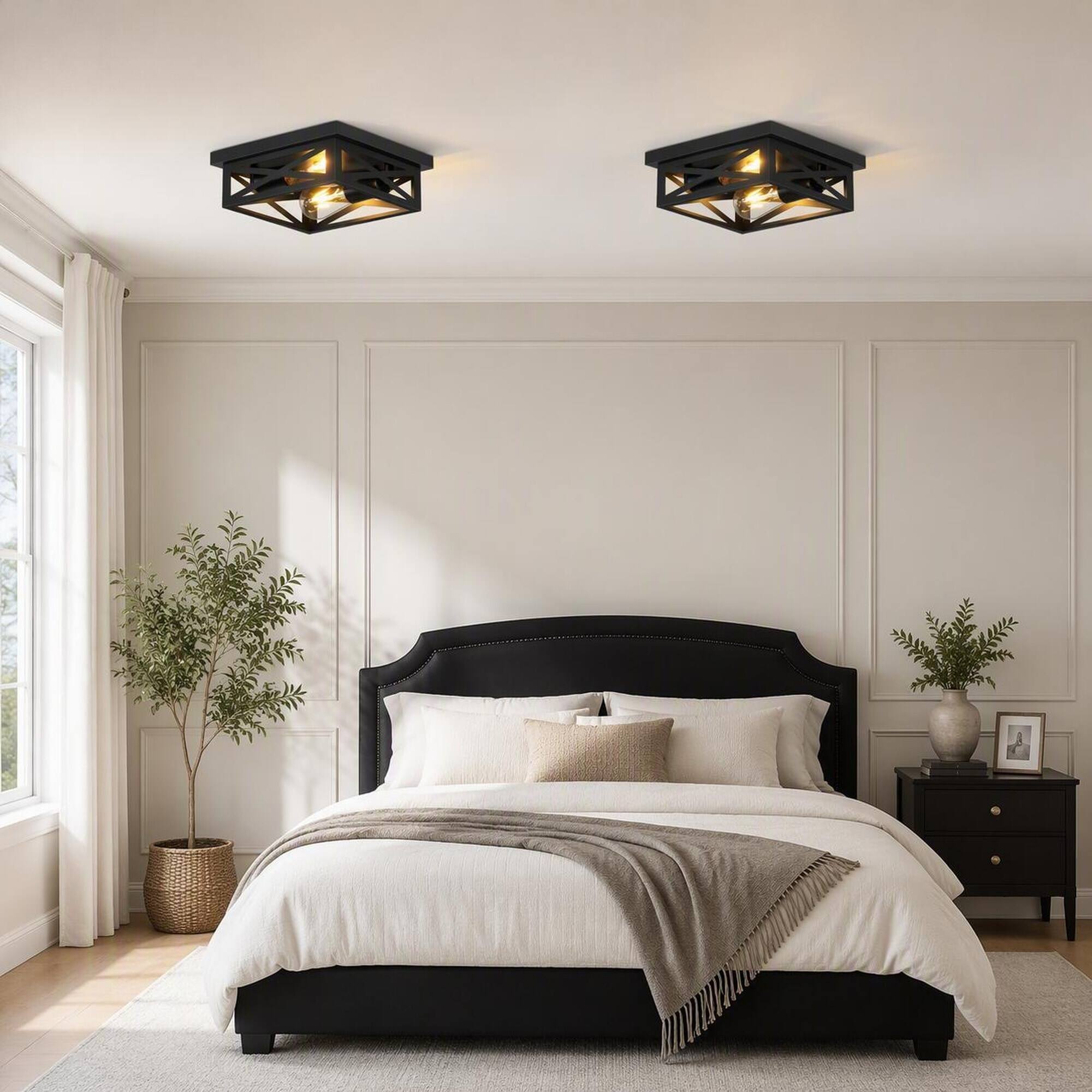 Back. RYHNUYNE - 2-Pack Matte Black Square Flush Mount Ceiling Light with Industrial Cage Design, 2 E26 Bulbs, Damp-Rated Iron Fixture.
