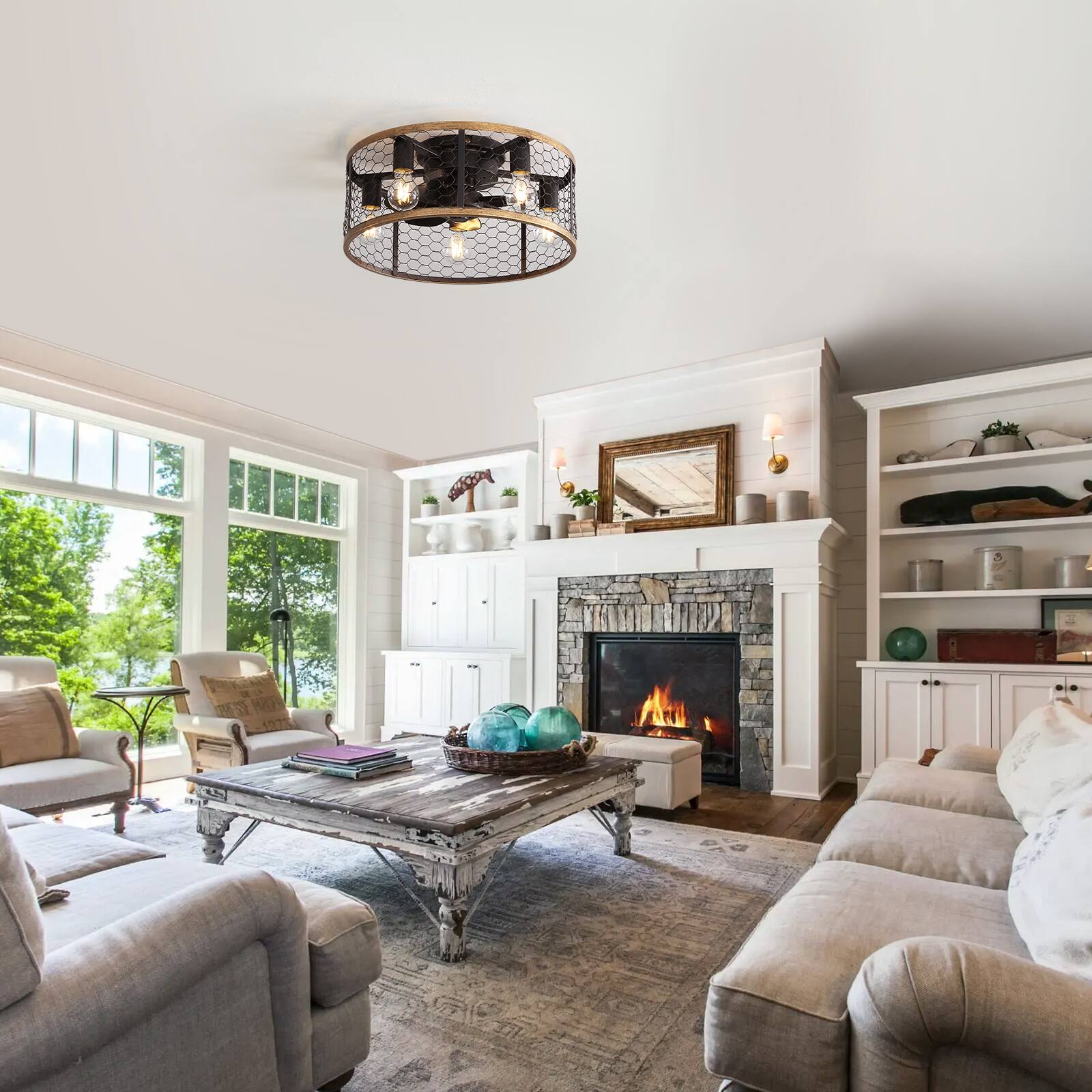 Alt View 5. Sofucor - 20'' Farmhouse Flush Mount Caged Ceiling Fan with Light and Remote Industrial Bladeless Ceiling Fans for Kitchen Bedroom - Black.