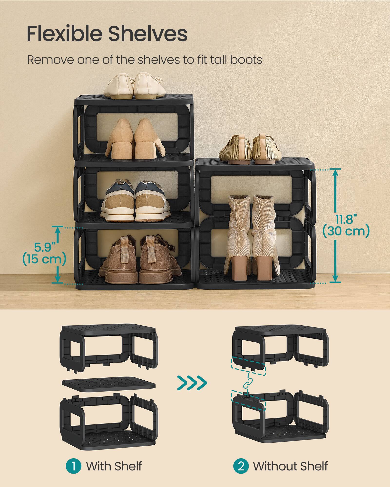 Flexible Shelves  
Remove one of the shelves to fit tall boots  

5.9" (15 cm)  
11.8" (30 cm)  

1 With Shelf  
2 Without Shelf