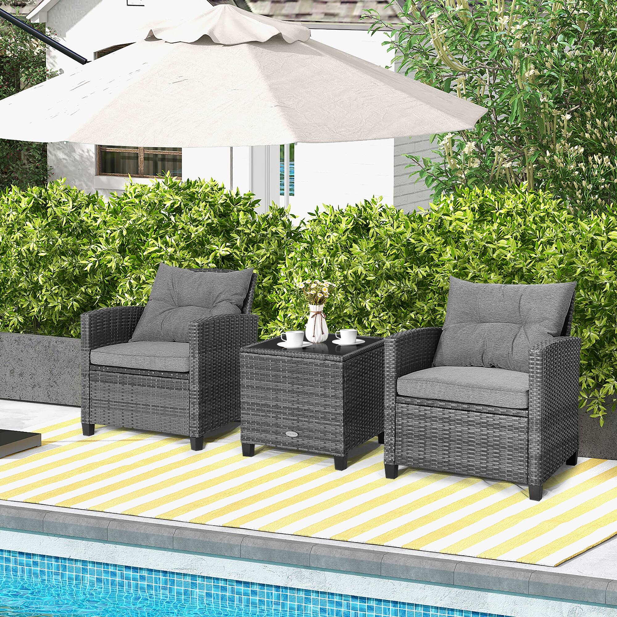 Alt View 4. Costway - 3PCS Patio Rattan Furniture Bistro Set  Cushioned Sofas Side Table Armrest - Grey Rattan & Grey Cushion.
